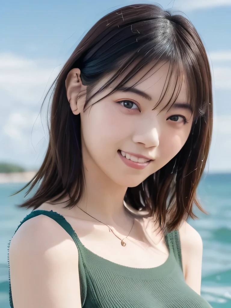Greatest Masterpiece 、 Highest quality , super high definition、(1beautiful Japanese girl is standing on the edge of the waves)、 rainbow heterochromia、(I'm wearing a ribbed tight knit dress(Dark Green))、insanely cute、Big boobs、Your chest opens wide and you can see cleavage、I'm wearing a pink see-through camisole that's soft、saggy、Spilling Oops、nipples can see through、Summer Sea、 summer beach、 Horizontal Line、Summer sky、 double eyelids、long lashes、Big round eyes、 rainbow heterochromia、 smiling softly