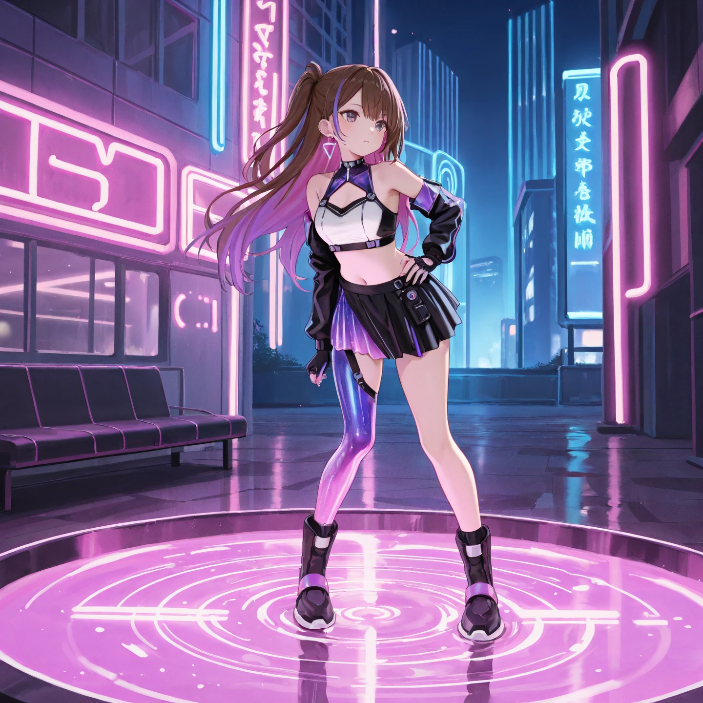 最high quality、Best image quality、masterpiece、With a girl((cute、20-year-old、Best Bust、Medium Bust、Bust 85,Beautiful Blue Eyes、Spread your chest wide,Long black hair、Slender、Black sports bra、White short skirt,Show the whole body、Black perforated gloves、dance))high quality、Beautiful art、background((club house、Cyan lighting、Multiple purple laser points、Fitness Club、night、virtual)),Tabletop、Exquisite design、Visual Arts、Depth of written boundary、Best lighting、Highest detail、8k