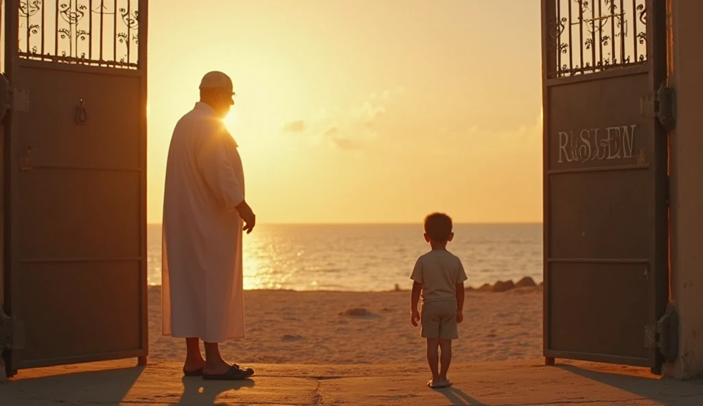 GRAND FATHER SITTING ON BEACH WITH HIS ??? WAERING HIJAB