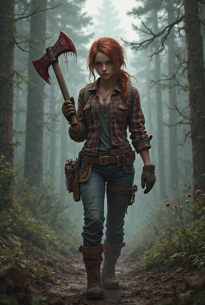 Wendy Corduroy, BREAK: long straight reddish brown hair, fitted_open_green_flannel over shirt (3/4 cropped), tight_white sports bra under shirt, (midriff showing) , skin-tight jeans, (thigh cutout) , loose leather work boots, BREAK: slim build, small bust, (crooked smile), freckles, green eyes, holding axe, holding grip of axe, BREAK: posing in various action stances, full length portrait, wide angle, (magical forest setting), BREAK: 16, absurdres, masterpiece, best quality, digital art, strong shadows, detailed face, accurate hands, ((perfect hands)), correct anatomy, strong_negative