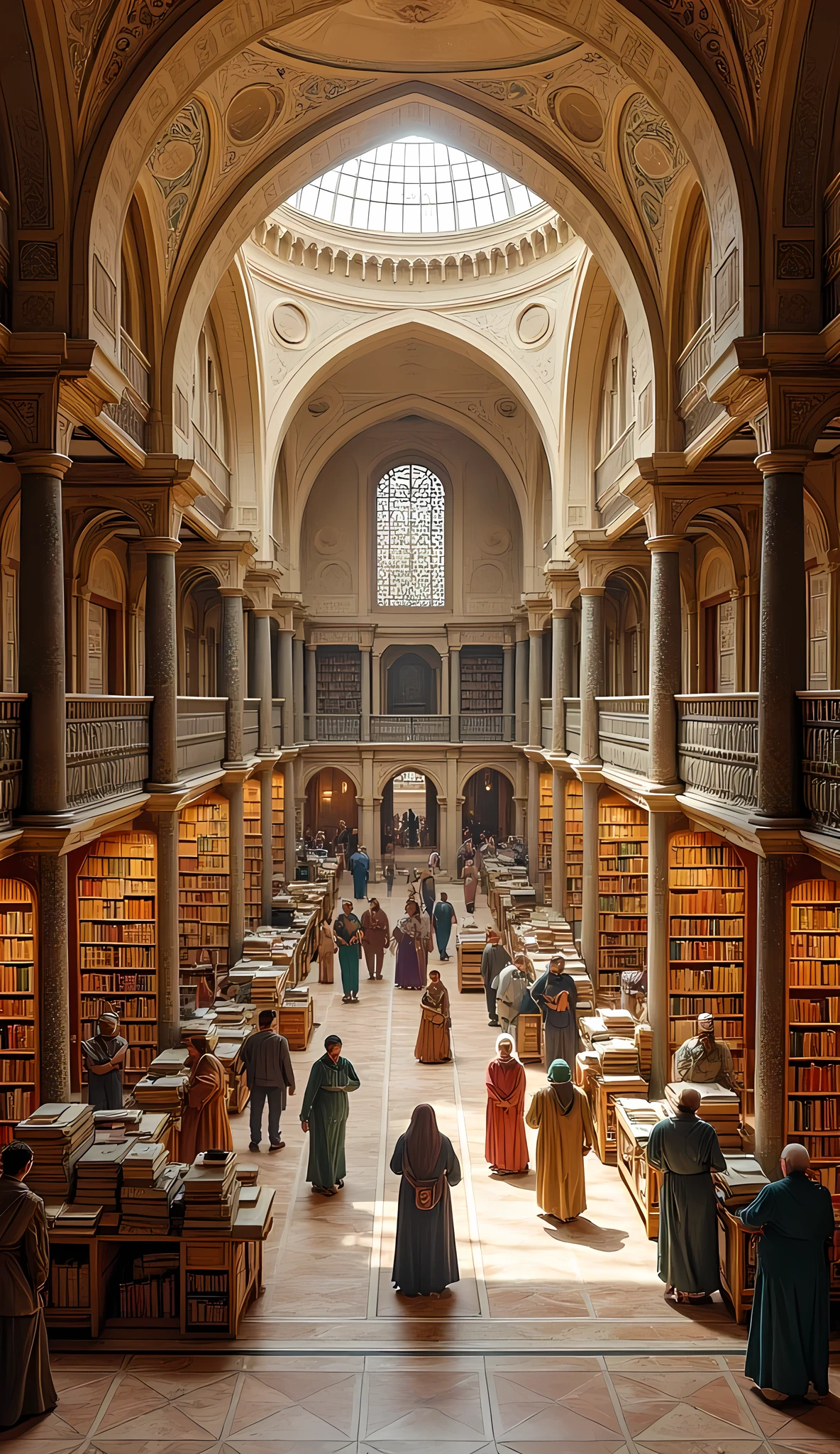 **Prompt:**  medieval era, Imagine you are a historian walking through the bustling Bayt al-Ḥikmah islamic library, the library of Baghdad during of its ancient zenith in the 8th century era. Describe your journey as you explore the grandeur of this architectural marvel, built by Abbasid Caliph al-Mansur. What does the library of knowledge look like through your eyes? As you wander, you stumble upon the House of Wisdom Library. Illustrate the library bookshelves's atmosphere, the scholars engaged in debate, and the wealth of scientific knowledge being exchanged. Consider how Persian architecture influences the aesthetic of the library bookshelves. 