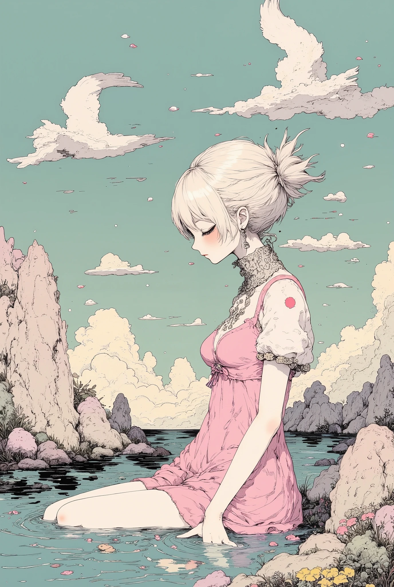 Anime girl sitting on rocks in the water with a pink dress - SeaArt AI