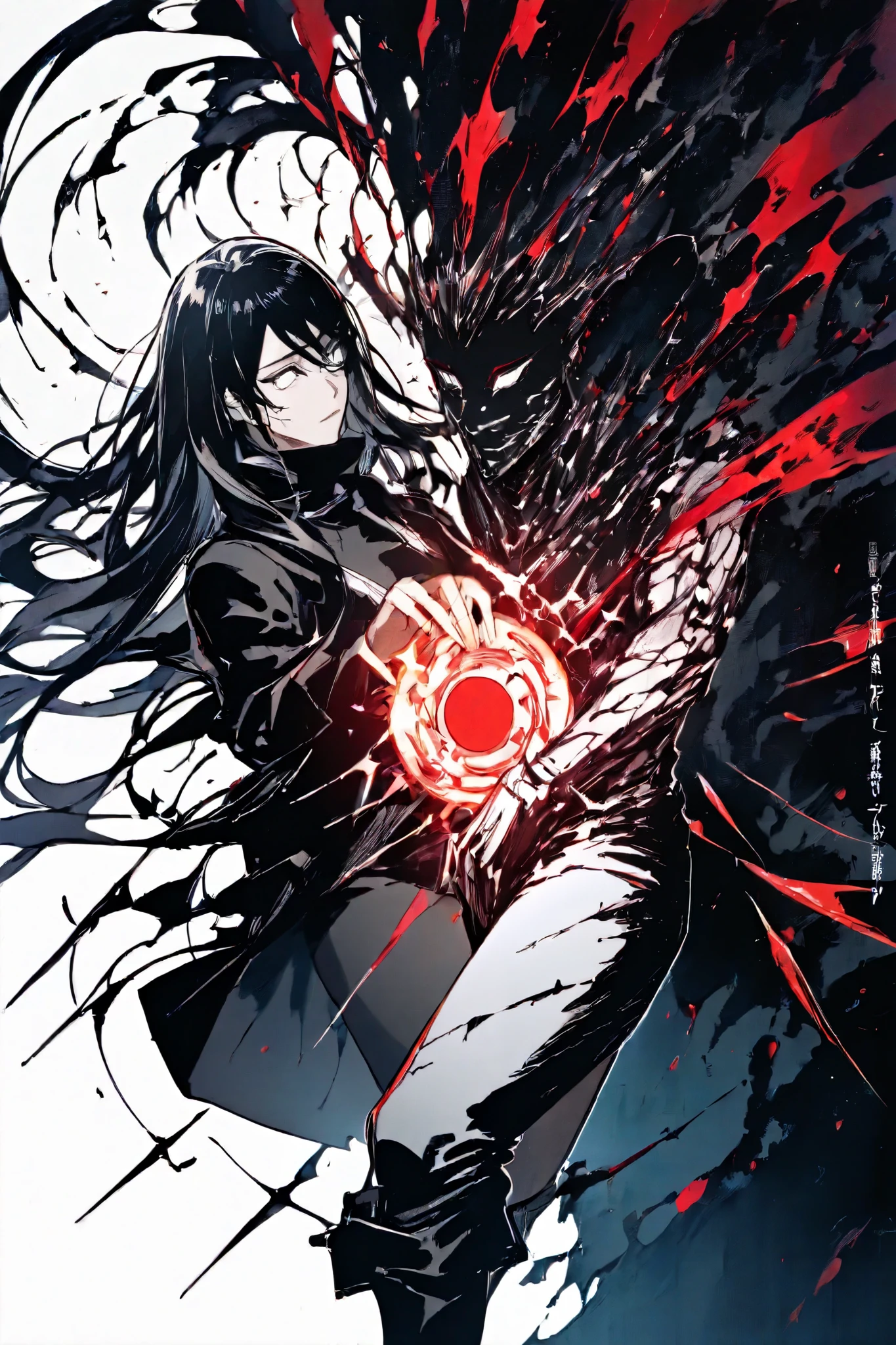 Almost intact face, but with pale, translucent skin, as if light didn't know how to reflect on him.

Black hair with white strands floating as if gravity didn't affect it at all.

 completely white eyes, without pupils, but reflect a flickering light as if inside there was a universe about to collapse.

Marks on his skin that look like cracks in reality, each distilling a black mist that curves in impossible directions.

Arms and hands with slightly elongated fingers, as if they weren't made to hold things, but to tear out existence itself.

His chest has a scar in the form of an inverted spiral, the exact spot where Renji died against Judas. From this scar emanates a blue-black light, reminder of the energy that Renji mastered before his death.

A black haori similar to the one Renji wore before he died, but torn in impossible patterns, with cuts that seem to move when you don't look at it directly.

A dark gray shirt with a high collar, but made of a translucent material that reveals the cracks in his skin.

 black fingerless gloves , but on the backs there are spiral symbols that rotate slowly, as if they were written in a language that doesn't yet exist.

Tight pants in deep black, but if you see them too carefully, you'll notice that they don't cast a shadow, because they shouldn't exist.

slip-on boots, completely smooth, but every time you step on the ground, leaves traces that take time to disappear, as if reality were slow to process their existence.