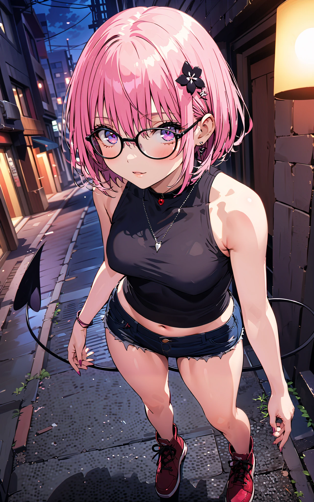 モモデbuildingケ, モモ・デbuildingーク, demon Tail,  Hair Flower, hair ornaments close to the garden, purple eyes, pink hair,  short hair, Medium breast,胸の谷間,Tail,riders jacket,tank top outside of anime,Underbomb,belly button sticking,Bare legs,denim micro shorts,glasses,shoes, Short Boots,standing,building,Nōn,night,full bodyがイラストに入るように,
break outdoors, Metropolis,
break looking at viewer,full body,
break (masterpiece:1.2),Highest quality , kampala, Unity 8K Wallpaper ,(shape:0.8),(  fine, beautiful eyes  :1.6),It's a person ,full body写真,CG Details , (perfect hands, complete anatomy),