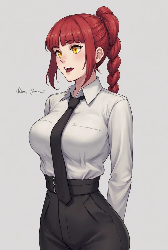 makima, full height, dressed in black tight trousers and a white shirt with a black tie, Red hair, , background office, cute face, Ideal figure, flat tummy