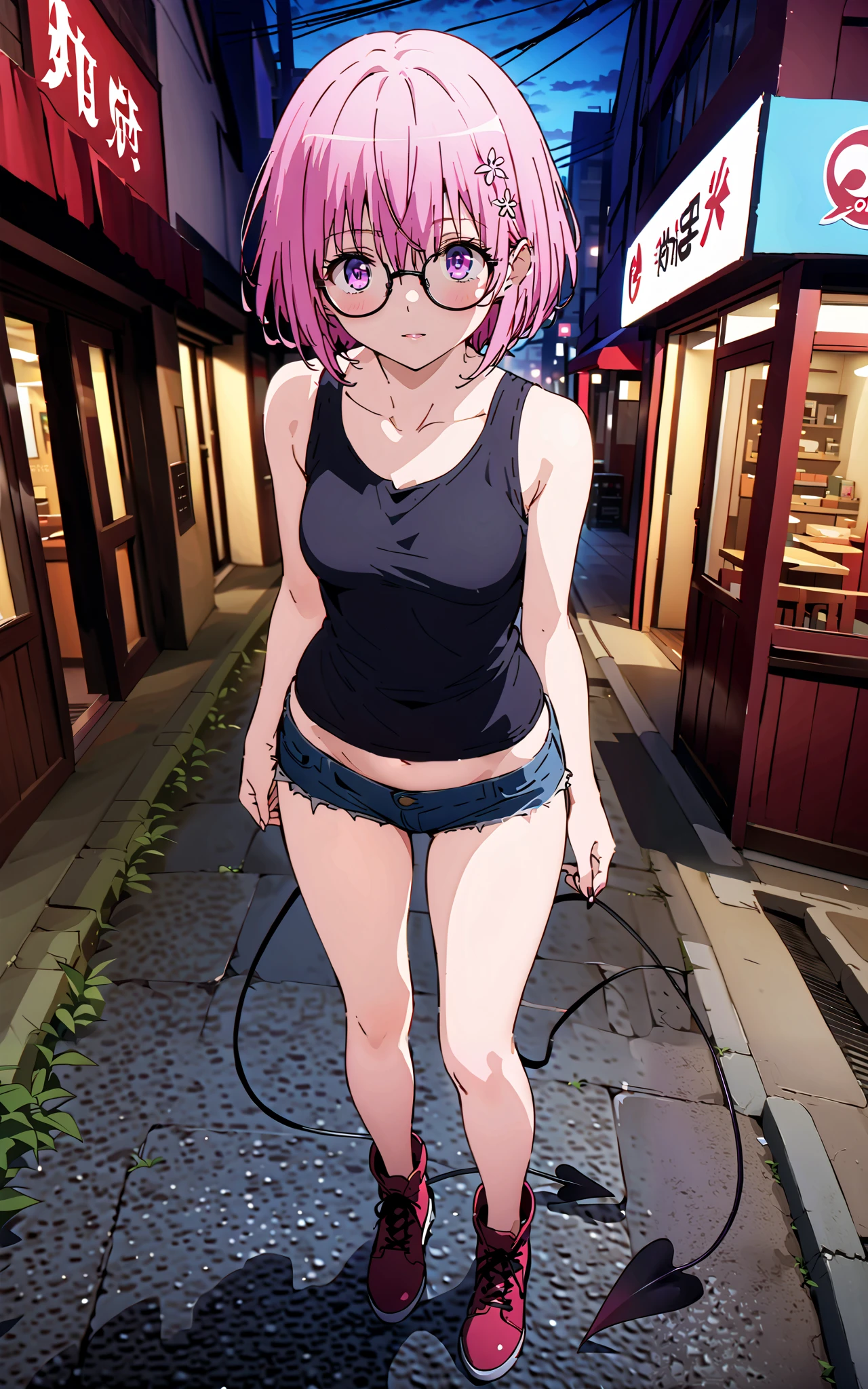 モモデbuildingケ, モモ・デbuildingーク, demon Tail,  Hair Flower, hair ornaments close to the garden, purple eyes, pink hair,  short hair, Medium breast,胸の谷間,Tail,riders jacket,tank top outside of anime,Underbomb,belly button sticking,Bare legs,denim micro shorts,glasses,shoes, Short Boots,standing,building,Nōn,night,full bodyがイラストに入るように,
break outdoors, Metropolis,
break looking at viewer,full body,
break (masterpiece:1.2),Highest quality , kampala, Unity 8K Wallpaper ,(shape:0.8),(  fine, beautiful eyes  :1.6),It's a person ,full body写真,CG Details , (perfect hands, complete anatomy),