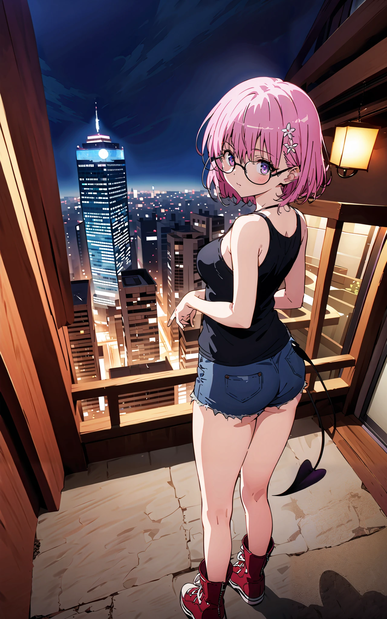 モモデbuildingケ, モモ・デbuildingーク, demon Tail,  Hair Flower, hair ornaments close to the garden, purple eyes, pink hair,  short hair, Medium breast,胸の谷間,Tail,riders jacket,tank top outside of anime,Underbomb,belly button sticking,Bare legs,denim micro shorts,glasses,shoes, Short Boots,standing,building,Nōn,night,full bodyがイラストに入るように,
break outdoors, Metropolis,
break looking at viewer,full body,
break (masterpiece:1.2),Highest quality , kampala, Unity 8K Wallpaper ,(shape:0.8),(  fine, beautiful eyes  :1.6),It's a person ,full body写真,CG Details , (perfect hands, complete anatomy),