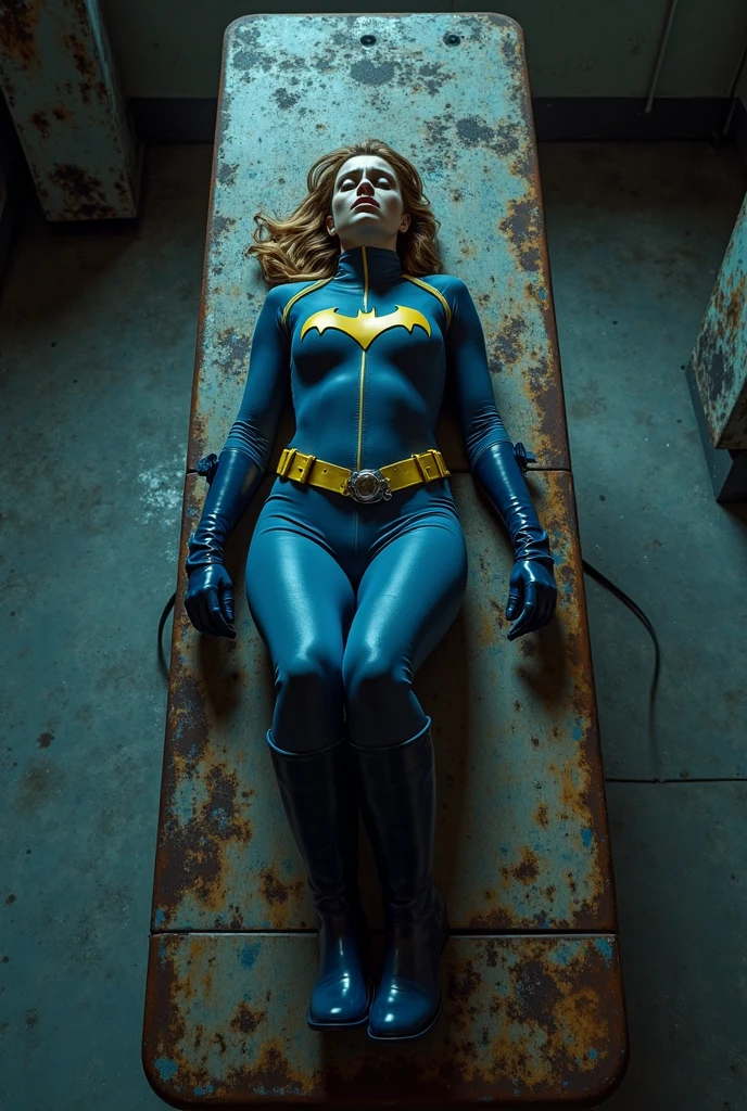 yvonne craig woman, lying on the grass, shrugged shoulders, her body is tied by a rope which contracts and squeeze her body, she cant move while she is squeezed by the rope, she is in pain , 60's style, analog film, on grass, film grain
