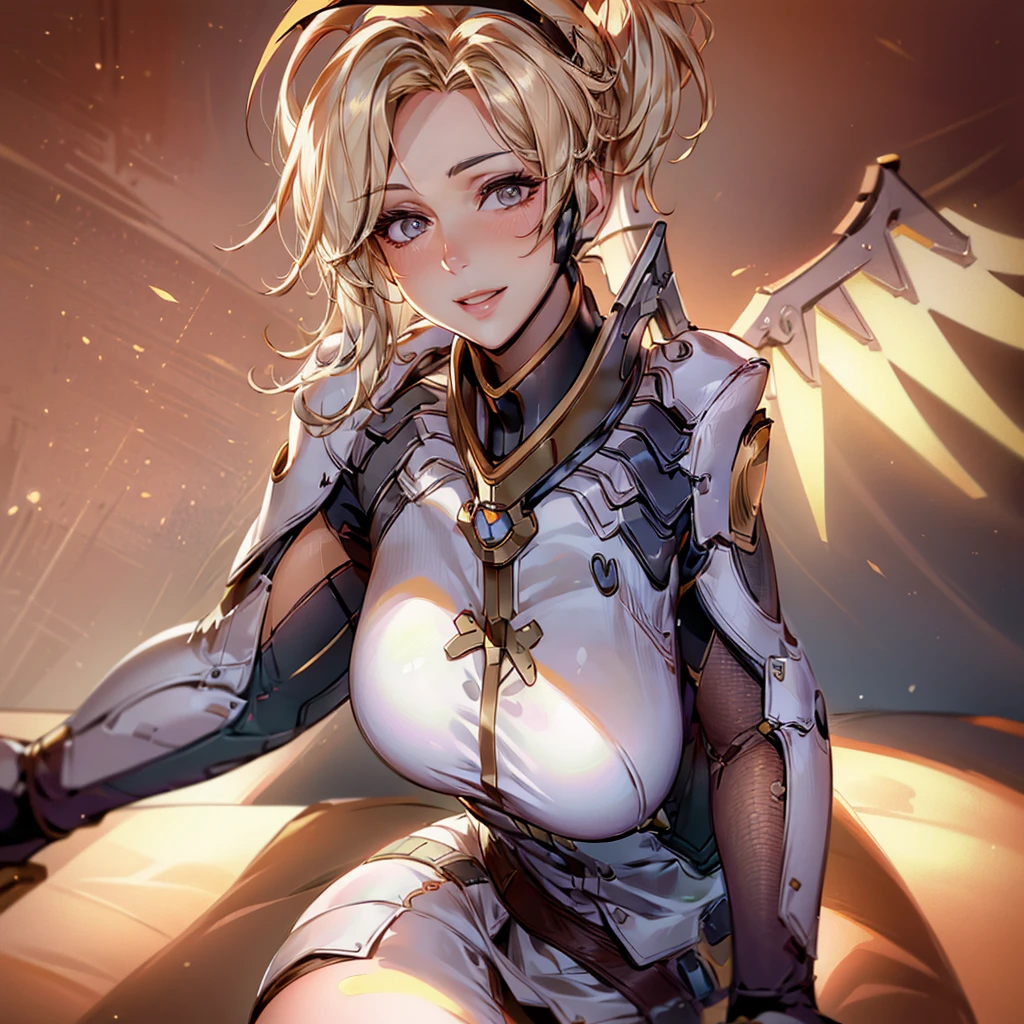 best quality, masterpiece \(quality\), L0LSPL4SH, year2024, year2023, West Studio, sixmorevodka, nero claudius \(bride\) \(fate\), nero claudius \(bride\) \(second ascension\) \(fate\), nero claudius \(fate\), nero claudius \(fate\) \(all\), 10s, 1girl, ahoge, bare shoulders, belt, belt buckle, blonde hair, blush, breasts, buckle, chain, chain necklace, cleavage, detached collar, detached sleeves, dress, flower, gloves, green eyes, hair bun, hair intakes, head wreath, hip focus, jewelry, large breasts, leotard, lock, looking to the side, necklace, open mouth, petals, puffy sleeves, single hair bun, smile, solo, thighs, veil, white dress, white gloves, white leotard, zipper, zipper pull tab, <lora:L0LSPL4SH_IllustriousXLv01:1>