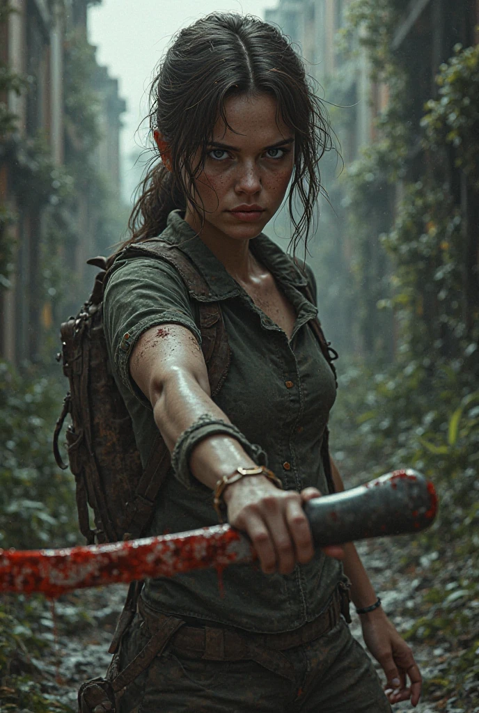Girl Ellie from The last of us part 2 with a bloody machete, a bow weighs on his shoulder, Blood splatters on his face. It is located in an abandoned store that is already overgrown with grass and moss., slight haze and corpses emphasize the gloomy atmosphere.