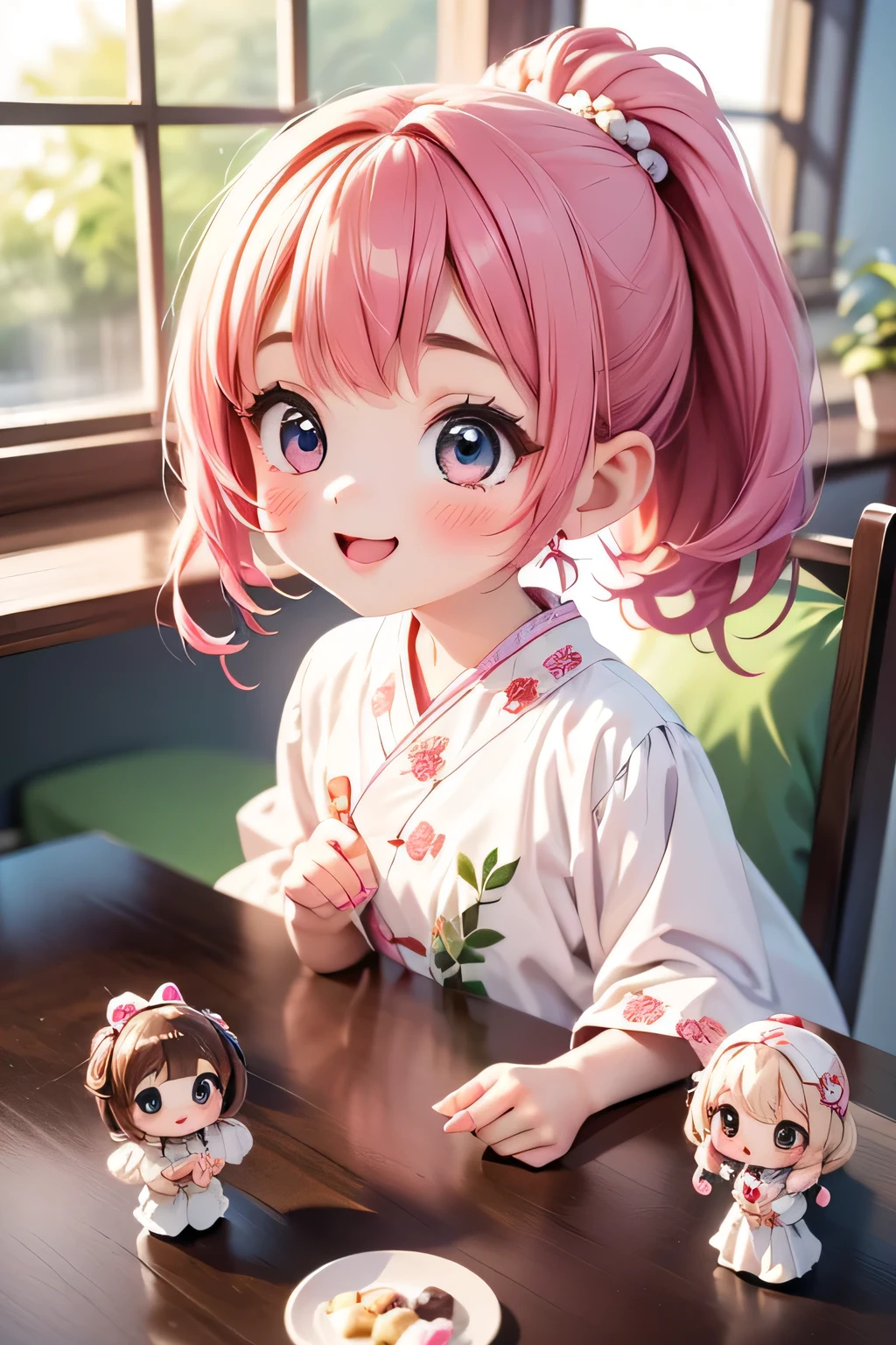Highest quality、Hi-Res、(high image quality:1.4)、masterpiece、detailed background、highly detailed face、(detailed eyes:1.3)、age beauty、(Normal number of fingers:1.3)、anatomically correct、Bright-colored hair、ponytail、twin tails from above、Doll&#39;s Festival、A room where the gentle spring sunlight shines in、Peach blossoms are displayed、 light pink dress、big smile、Time flows quietly and warmly, and happy smiles overflow、

(Two girls carefully arranging Hina dolls in a fun way:1.5)、(Doll&#39;s Festivalのひととき:1.5)、

for a moment and enjoying the festival together、The table is lined with colorful hina arare and hishimochi are lined up on the table、the girl happily puffs up her cheeks while pinching with her little hands、The spring breeze blows softly from outside the window、cute