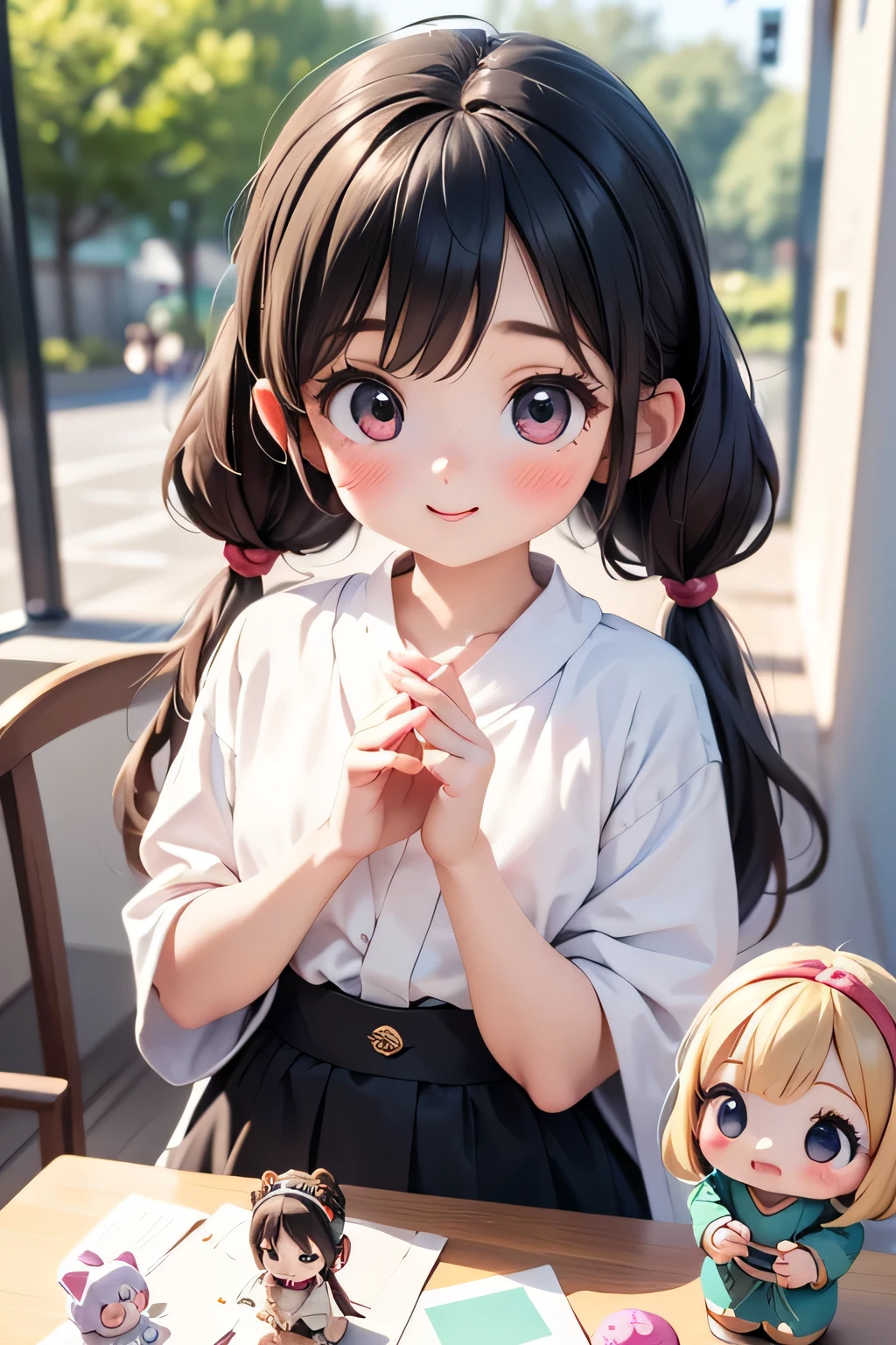 Highest quality、Hi-Res、(high image quality:1.4)、masterpiece、detailed background、highly detailed face、(detailed eyes:1.3)、age beauty、(Normal number of fingers:1.3)、anatomically correct、Bright-colored hair、ponytail、twin tails from above、Doll&#39;s Festival、A room where the gentle spring sunlight shines in、Peach blossoms are displayed、 light pink dress、big smile、Time flows quietly and warmly, and happy smiles overflow、

(Two girls carefully arranging Hina dolls in a fun way:1.5)、(Doll&#39;s Festivalのひととき:1.5)、

for a moment and enjoying the festival together、The table is lined with colorful hina arare and hishimochi are lined up on the table、the girl happily puffs up her cheeks while pinching with her little hands、The spring breeze blows softly from outside the window、cute