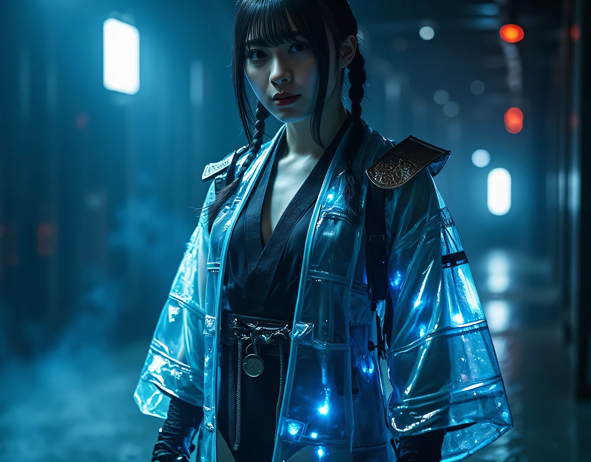 (((The dark interior of the Nostromo ship :2.0))),((( HR Gigger Style Cyberpunk Atmosphere :2.0))),(((Fight with a cyberpunk-style Japanese sword:2.0))), Combat posture,((full body:2.0)),one woman,Female Samurai ,( cute face:1.5),(Beautiful well-balanced face ),((Long braids with bangs:2.0)),( black hair:1.5),(beautiful eyes:1.3),( Blue Glowing Eyes :1.5),glamorous shot of a 20-year-old Japanese woman, Slender Beautiful Body ,((model body type:2.0)),(( slim body with hot water:1.7)),perfect body line,Ideal Proportions,((big breasts:2.0)),((F cup chest wearing:1.5)),Big Breasts,Bare thighs,sensual thighs seen from below the crowd,delicate body,( Muscular:1.7),A harmonious posture,((Realistic breast depiction :1.7)),carefully depicts limbs based on perfect anatomy,((A translucent glass leotard that shines blue in the style of futuristic samurai armor:1.5)),Filled with multicolored LEDs,((Super Hi-leg leotard made of camy-like transparent glass that fits the body:1.5)),(((blue translucent military coat in the style of a samurai armor with open front over a leotard:2.0))),(((translucent blue military coat style kimono with steel armour on the armor:2.0))),(Steel armour on the shoulders :1.5),((Coat style kimono with iron decoration:2.0)),(ear monitor:1.5),((Tactical Holster:1.5)),(gloves:1.3),concept art,(Highest quality:1.5),(masterpiece:1.5),(超高resolution),resolution,UHD,( delicate depiction), carefully drawn with butterfly wings ,32K,((realistic skin texture:1.5)),((( super realistic :1.5))), eyelashes,highly detailed face,Highly detailed female hand, Sexy appearance ,Very sensual,(Blurry Dim Backgrounds :1.5),professional photo shoot,(movie light:2.0),(( Blade Runner Style Lights :2.0))