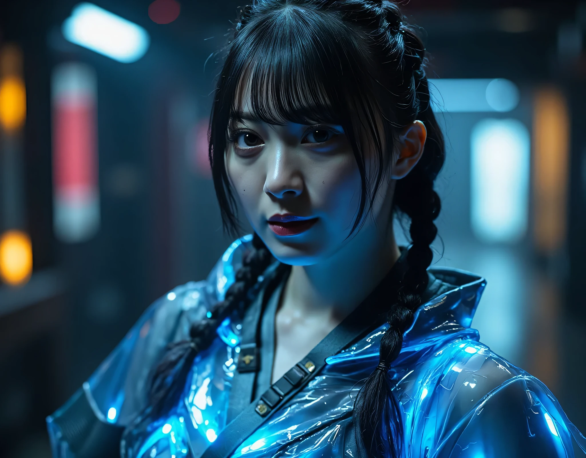 (((The dark interior of the Nostromo ship :2.0))),((( HR Gigger Style Cyberpunk Atmosphere :2.0))),(((Fight with a cyberpunk-style Japanese sword:2.0))), Combat posture,((full body:2.0)),one woman,Female Samurai ,( cute face:1.5),(Beautiful well-balanced face ),((Long braids with bangs:2.0)),( black hair:1.5),(beautiful eyes:1.3),( Blue Glowing Eyes :1.5),glamorous shot of a 20-year-old Japanese woman, Slender Beautiful Body ,((model body type:2.0)),(( slim body with hot water:1.7)),perfect body line,Ideal Proportions,((big breasts:2.0)),((F cup chest wearing:1.5)),Big Breasts,Bare thighs,sensual thighs seen from below the crowd,delicate body,( Muscular:1.7),A harmonious posture,((Realistic breast depiction :1.7)),carefully depicts limbs based on perfect anatomy,((A translucent glass leotard that shines blue in the style of futuristic samurai armor:1.5)),Filled with multicolored LEDs,((Super Hi-leg leotard made of camy-like transparent glass that fits the body:1.5)),(((blue translucent military coat in the style of a samurai armor with open front over a leotard:2.0))),(((translucent blue military coat style kimono with steel armour on the armor:2.0))),(Steel armour on the shoulders :1.5),((Coat style kimono with iron decoration:2.0)),(ear monitor:1.5),((Tactical Holster:1.5)),(gloves:1.3),concept art,(Highest quality:1.5),(masterpiece:1.5),(超高resolution),resolution,UHD,( delicate depiction), carefully drawn with butterfly wings ,32K,((realistic skin texture:1.5)),((( super realistic :1.5))), eyelashes,highly detailed face,Highly detailed female hand, Sexy appearance ,Very sensual,(Blurry Dim Backgrounds :1.5),professional photo shoot,(movie light:2.0),(( Blade Runner Style Lights :2.0))