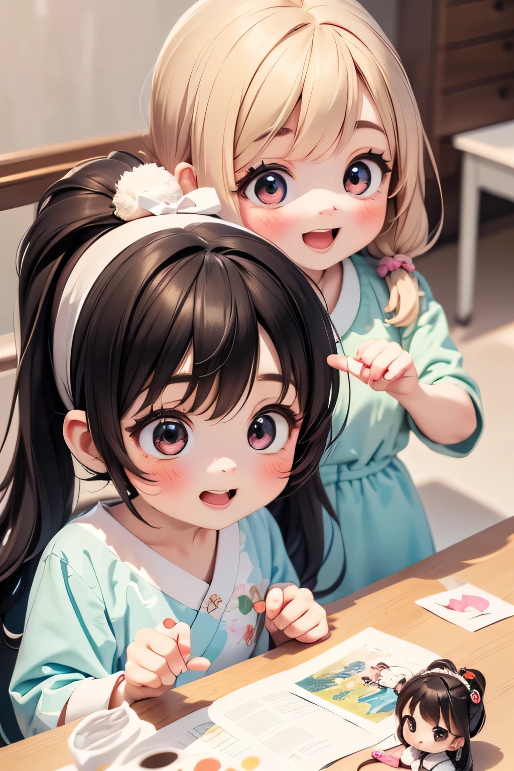 Highest quality、Hi-Res、(high image quality:1.4)、masterpiece、detailed background、highly detailed face、(detailed eyes:1.3)、age beauty、(Normal number of fingers:1.3)、anatomically correct、Bright-colored hair、ponytail、twin tails from above、Doll's Festival、A room where the gentle spring sunlight shines in、Peach blossoms are displayed、 light pink dress、big smile、Time flows quietly and warmly, and happy smiles overflow、
(Two girls carefully arranging Hina dolls in a fun way:1.5)、(Doll's Festivalのひととき:1.5)、
for a moment and enjoying the festival together、The table is lined with colorful hina arare and hishimochi are lined up on the table、the girl happily puffs up her cheeks while pinching with her little hands、The spring breeze blows softly from outside the window、cute