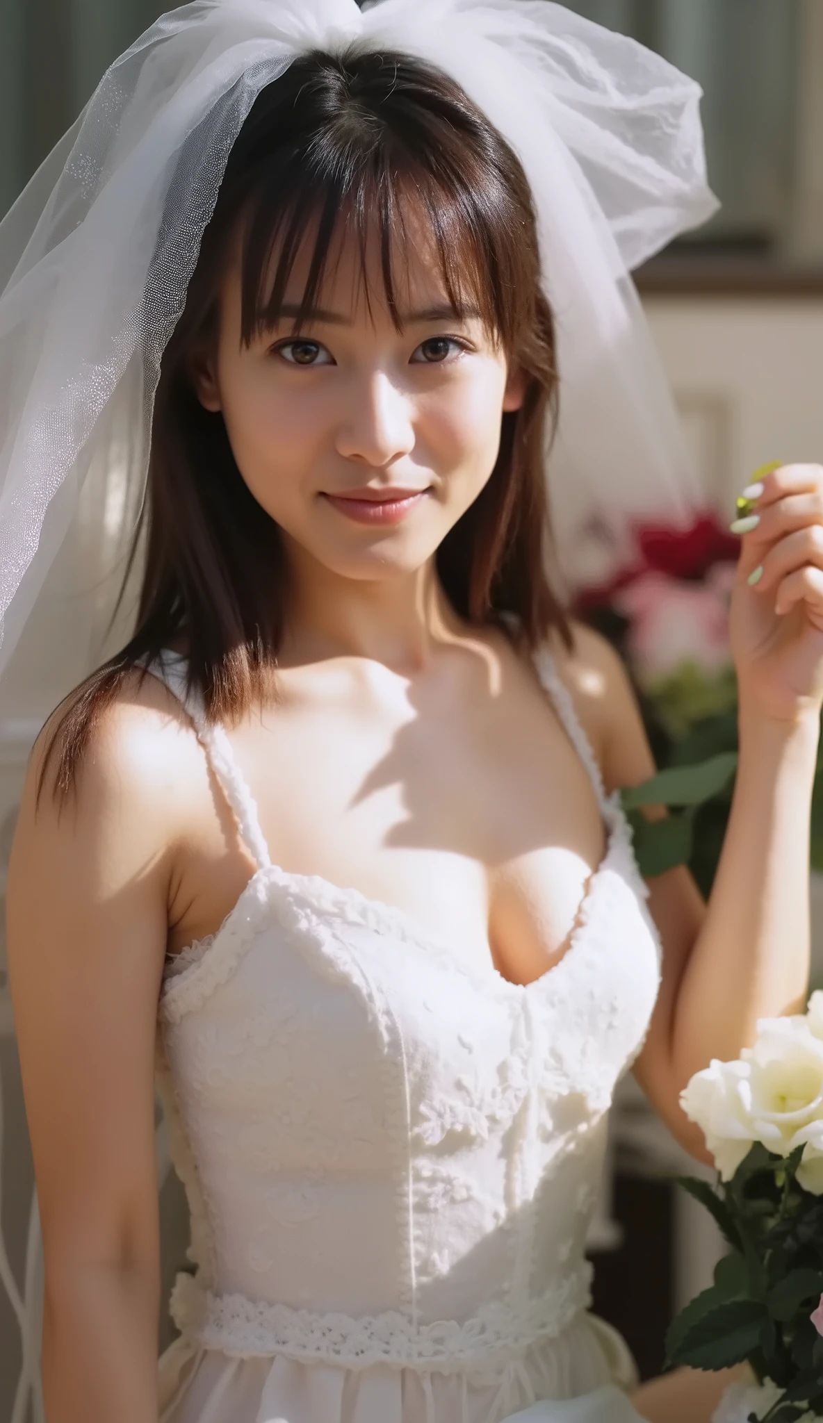 masterpiece, (photorealistic:1.4), best quality, beautiful lighting, rose garden, outdoors, upper body, 1 girl, natural beautiful female, slender woman, ((small breasts)). bride of flower, blushing face, smiling, ((chignon blonde hair)), gold eyes, detailed, intricate, RAW photo, 8k uhd, film grain,
(((extremely detailed flower lace brassiere, loincloth,  flower wedding veil))),
extremely detailed gorgeous flower tiara, gorgeous flower necklace