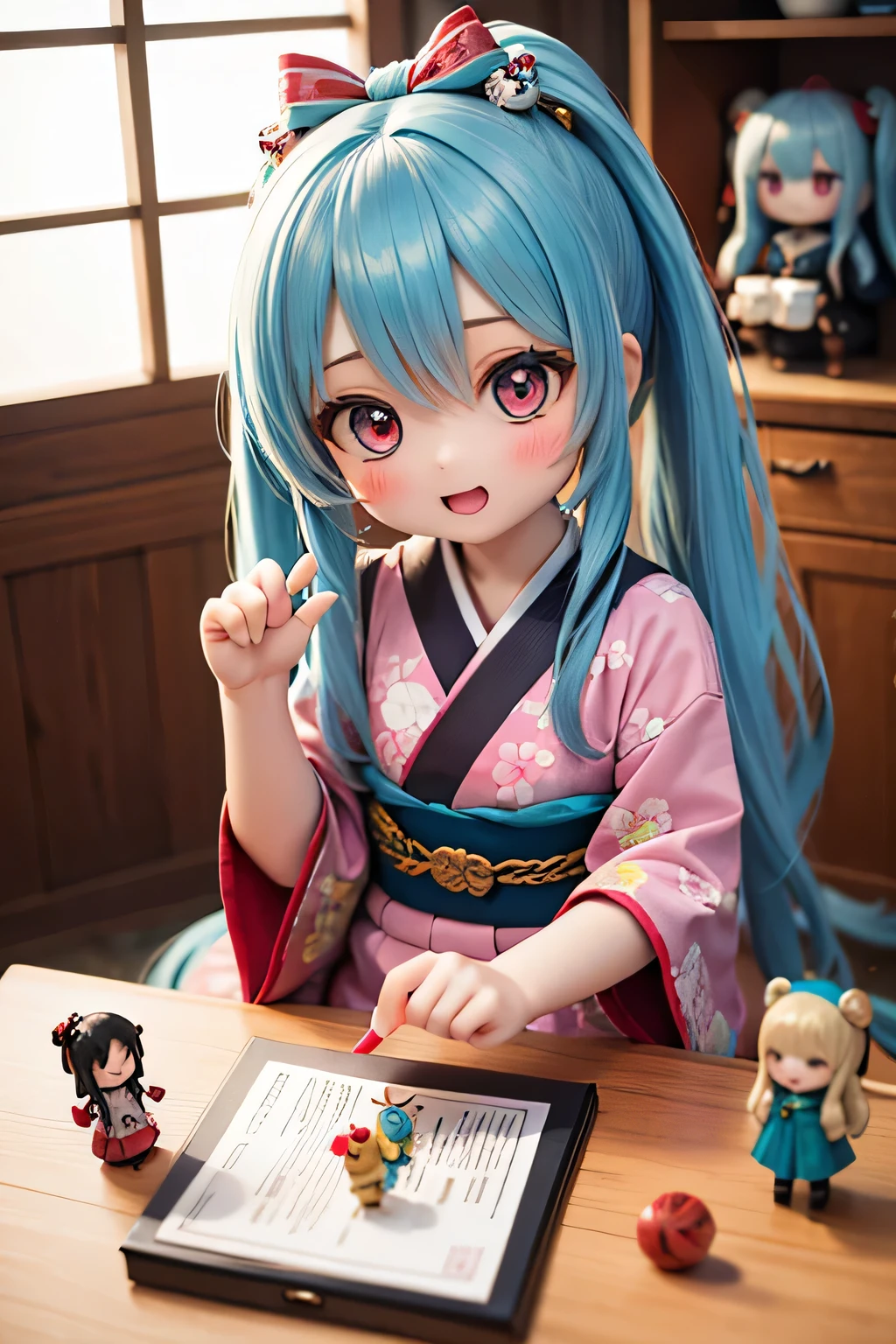 Highest quality、Hi-Res、(high image quality:1.4)、masterpiece、detailed background、highly detailed face、(detailed eyes:1.3)、age beauty、(Normal number of fingers:1.3)、anatomically correct、Bright-colored hair、ponytail、twin tails from above、Doll's Festival、A room where the gentle spring sunlight shines in、Peach blossoms are displayed、 light pink dress、big smile、Time flows quietly and warmly, and happy smiles overflow、
(Two girls carefully arranging Hina dolls in a fun way:1.5)、(Doll's Festivalのひととき:1.5)、
for a moment and enjoying the festival together、The table is lined with colorful hina arare and hishimochi are lined up on the table、the girl happily puffs up her cheeks while pinching with her little hands、The spring breeze blows softly from outside the window、cute