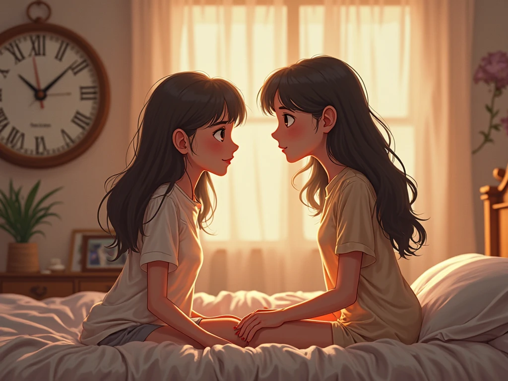 Two 13 year old girls kneeling on a bed