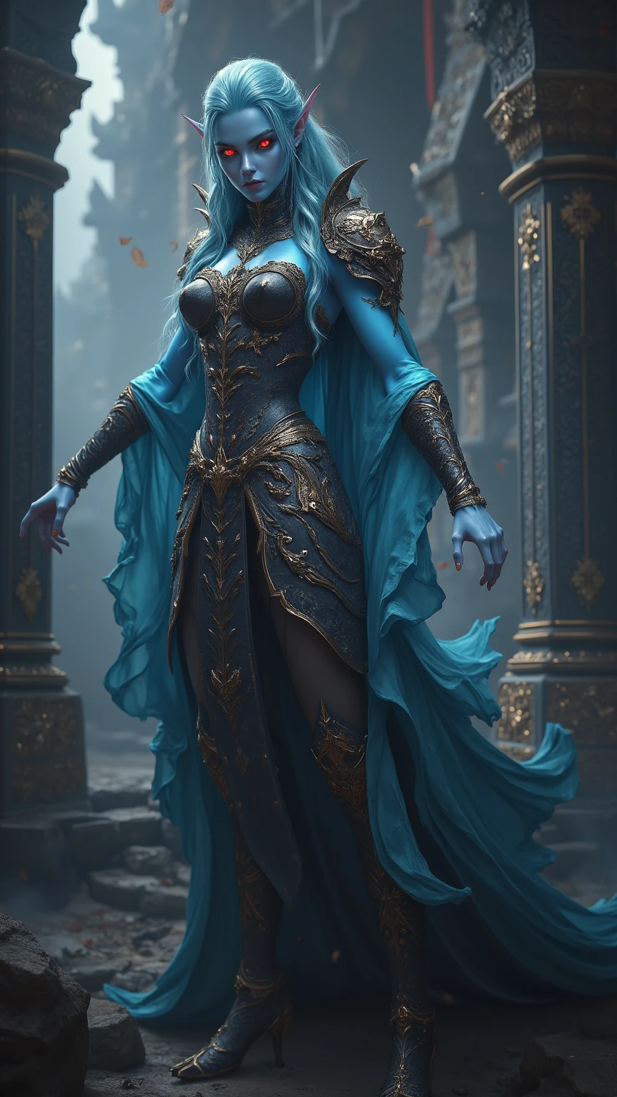 fantasy art, dnd art, RPG art, drkfntasy wide shot, (masterpiece: 1.4) portrait, intense details, highly detailed, photorealistic, best quality, highres, glowing particle portrait a vedalken female (fantasy art, Masterpiece, best quality: 1.3) (blue skin: 1.5), intense details facial details, exquisite beauty, (fantasy art, Masterpiece, best quality)cleric, (blue colored skin: 1.5) blue skinned female, (white hair: 1.3), long hair, intense green eye, (fantasy art, Masterpiece, best quality), (((no ears: 1.5))), armed a fiery sword red fire, wearing heavy (white: 1.3) half plate mail armor CM-Beautiful_armor wearing high heeled laced boots, wearing an(orange :1.3) cloak, wearing glowing holy symbol, within fantasy temple background, reflection light, high details, best quality, 16k, [ultra detailed], masterpiece, best quality, (extremely detailed), close up, ultra wide shot, photorealistic, RAW, fantasy art, dnd art, fantasy art, realistic art, 