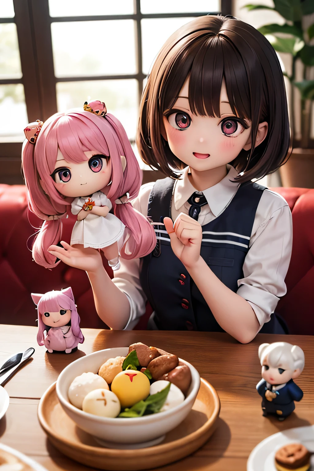 Highest quality、Hi-Res、(high image quality:1.4)、masterpiece、detailed background、highly detailed face、(detailed eyes:1.3)、age beauty、(Normal number of fingers:1.3)、anatomically correct、Bright-colored hair、 braided bob cut 、doll' s Festival 、A room where the gentle spring sunlight shines in、Peach blossoms are displayed、
(Two girls carefully arranging Hina dolls in a fun way:1.5)、(静かであたたかな時間が流れ幸せそうな笑顔があふれるdoll' s Festival のひととき:1.5)、
for a moment and enjoying the festival together、The table is lined with colorful hina arare and hishimochi are lined up on the table、the girl happily puffs up her cheeks while pinching with her little hands、The spring breeze blows softly from outside the window、cute