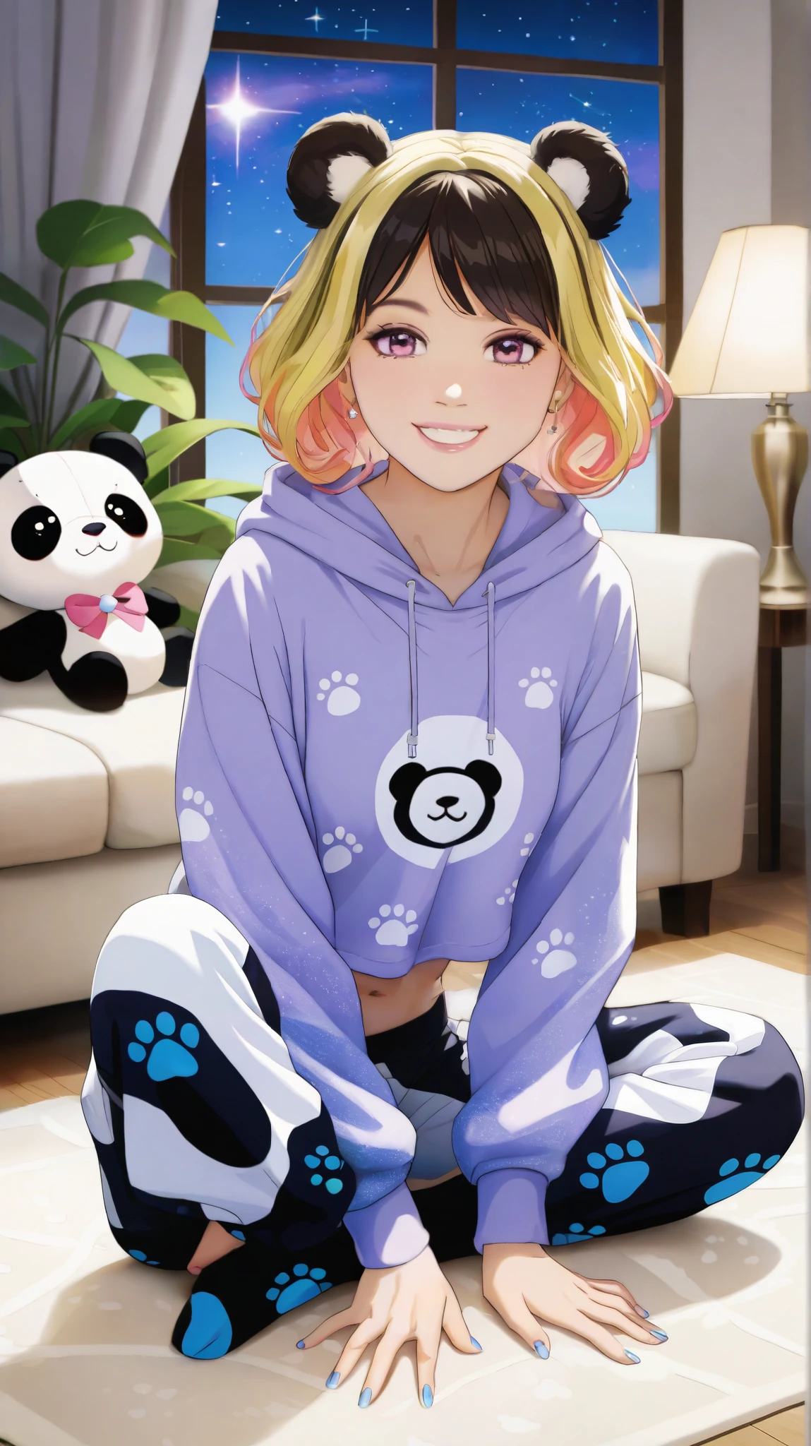 Design a stunning anime-style age girl with short, layered blonde hair styled in a playful yet chic manner, shimmering softly under the ambient light. She is Brazilian, radiating a cheerful and energetic vibe, with a modern twist to her appearance. Her outfit is a trendy panda-themed loungewear set: a cropped hoodie with bold black-and-white panda patterns, complete with a fluffy panda tail at the back, paired with matching loose-fitting jogger pants that have paw prints along the sides. The fabric looks cozy and slightly textured, adding depth to the design. She strikes a dynamic pose—sitting cross-legged on a soft rug, leaning slightly forward with a big smile as she playfully interacts with a tiny plush panda sitting on her lap. Her large anime eyes sparkle with excitement, capturing her lively personality. The setting is a minimalist living room with warm lighting, featuring a few decorative plants and a window showing a starry night sky. Style: Anime aesthetic, vibrant and approachable.