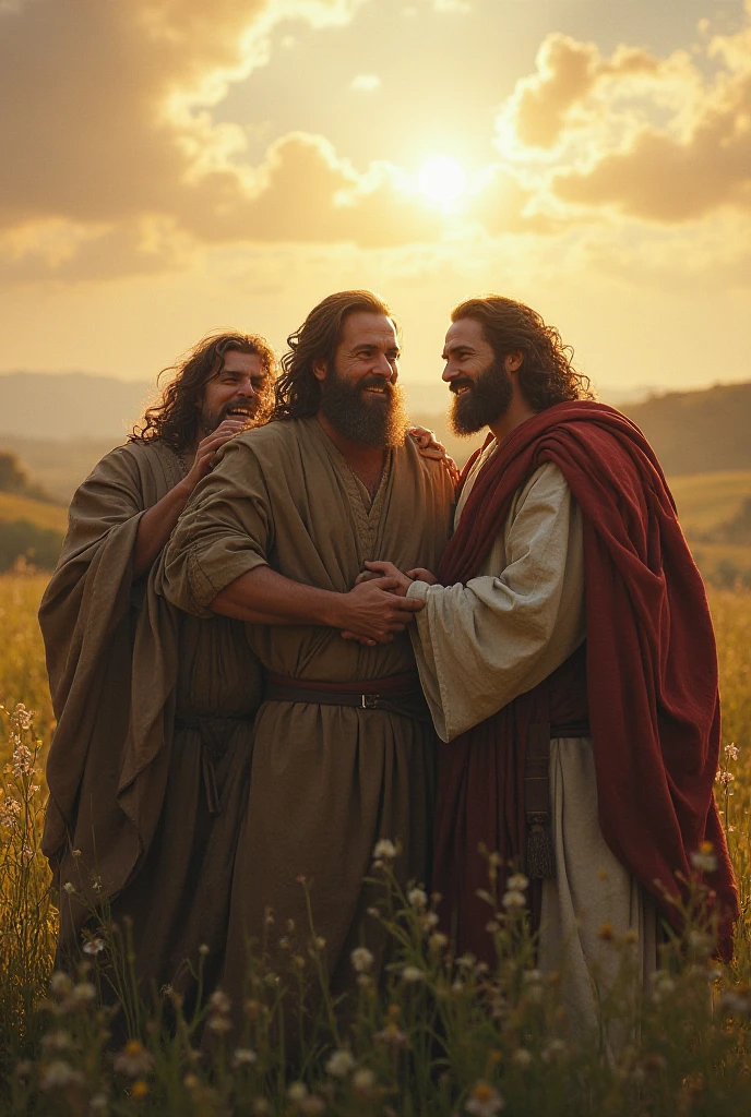 Biblical character Joseph reuniting with his 11 brothers 
