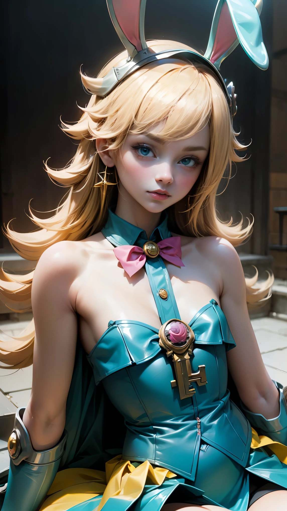 masterpiece, best quality, extremely detailed CG unity 8k wallpaper, (Upper Body head close-up shot of a beautiful ), Wendy, Elegant Long straight blonde hair, ((Mckenna Grace)), (((flat chest))), ((pink-Cyan)) golden ((Glittering tutu,long Bunny Ear Headgear, glove, Bow-tie, zettai ryouiki)), (((sitting))), (Blush), oil skin, (seductive smile), (Wonderland), pretty face, key art, award winning, intricate detail realism hdr, by (ruan jia and artgerm and range murata), Photorealism, Hyperrealism, ultra realistic, dramatic light, intense shadows, gorgeous view, depth of field
 
