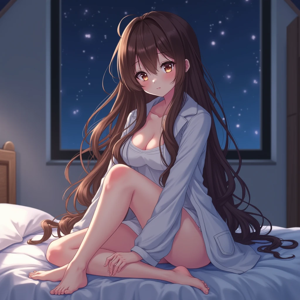 Highest quality、Ultra-high resolution、Fantasy、roleplaying game、 naked busty girl with no clothes on looking embarrassed、In the bedroom、night、Under-rim glasses