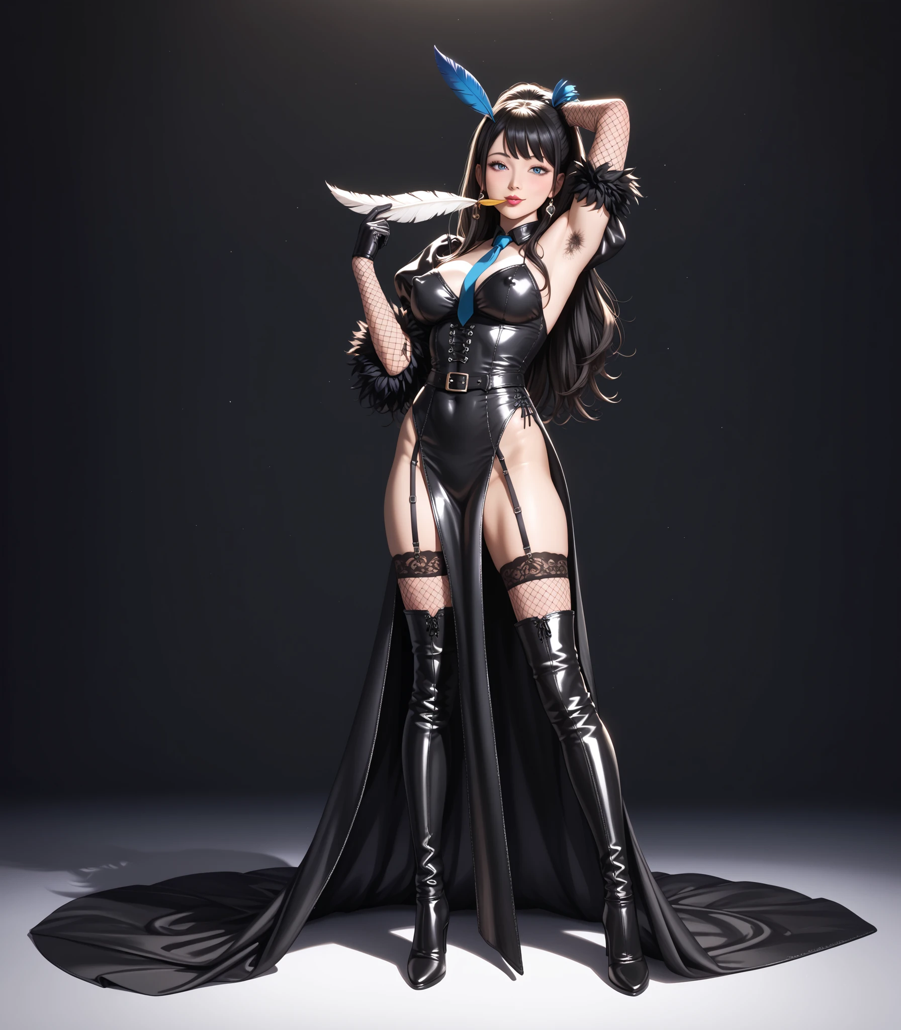 High quality, Ultra detailed, Yui Takamura ,best quality, insanely detailed, beautiful, masterpiece,Photorealistic, Hi-Res, Soft light,1 Female, (detailed face), jewelry, Yohha no . 2 Type B, black dress, tie high long boots, dress, Feather-embellished sleeves , feather trim , gloves, armpit hair, high heel boots , Hi-Res, juliet sleeve, leather, leather ブーツ, Long Sleeve, Nia \(series\), Nia automata,thigh high boots, thigh high socks, thigh high socks, under ,thigh-high boots,fullbody,Gloss,BDSM,erect nipples, black hair,long hair,garter stockings, Costume,full body絵,full body, fishnet tights, fishnet tights, top,(sniffing:1.5)