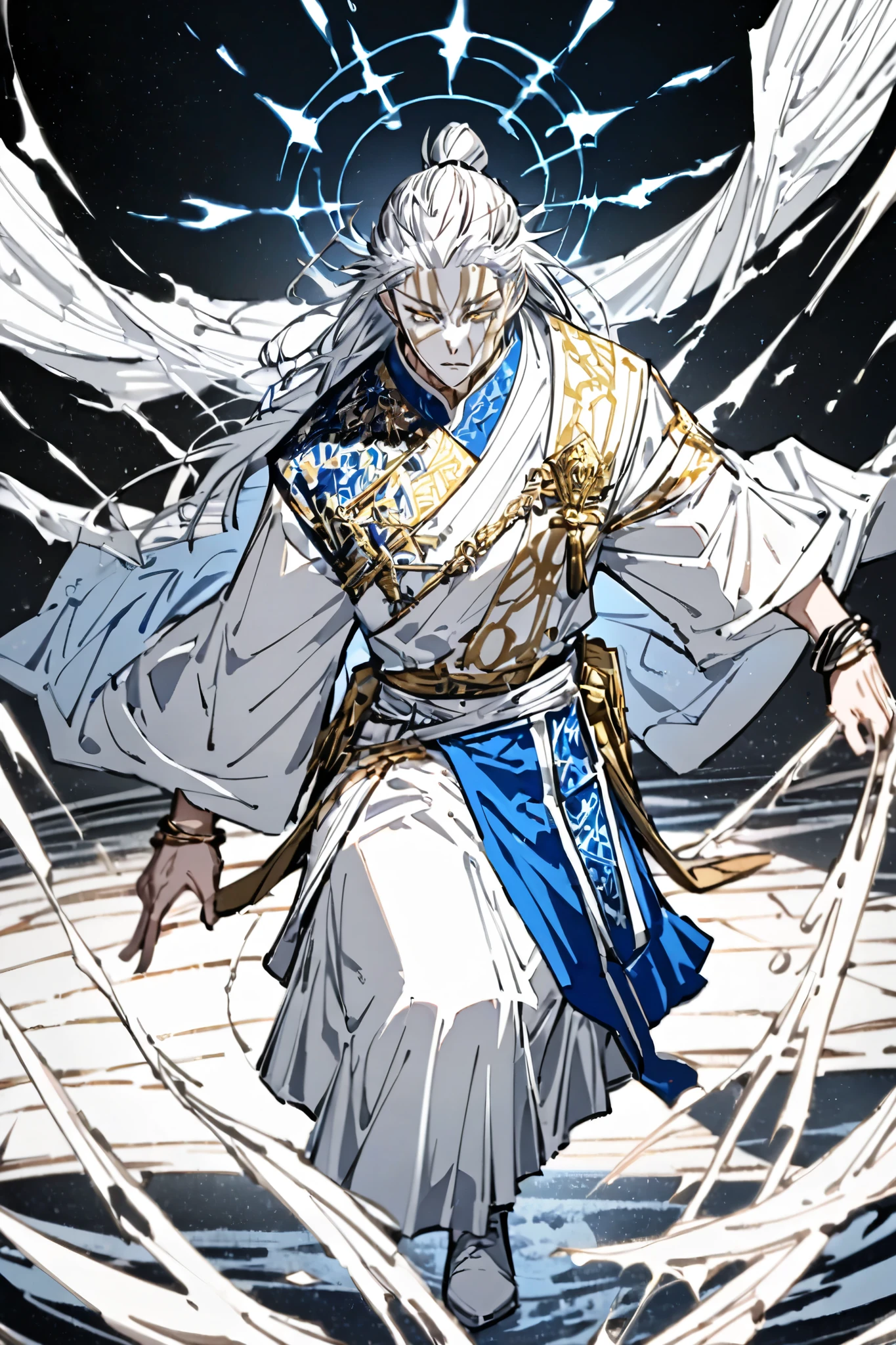 Pure white hair, long up to the middle of his back, but with tufts that float as if it were made of condensed energy.

golden eyes with a deep glow, as if the will of humanity.

Blue-white aura that envelops it, but it's not just energy; is his very existence made visible, demonstrating that it is not a simple spirit.

His skin seems almost incorruptible, free of scars or marks, as if it represented its best version, the perfect Renji that could never be in life.



---

Clothing — "The Last Agent"

(An outfit worthy of the greatest warrior of the AEP.)

A long white tunic with edges in electric blue, marking its supreme status. The fabric doesn't look normal: seems to flow like a river of energy, as if it were fact of pure existence.

A blue ceremonial haori with silver symbols that represent each generation of the AEP.

A white fabric belt with a gold emblem in the center, that is only granted to those who have worn The AEP at its highest point.

Lightweight metal bracelets on the forearms, engraved with ancient inscriptions, still burns in them representing their absolute control over all energies.

White boots with patterns in blue, leaving traces of light at every step, as if every step reaffirms its existence.

