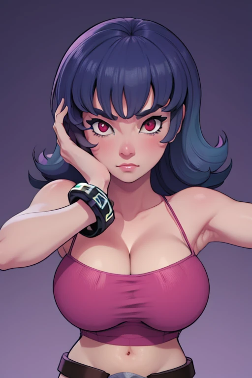Masterpiece, best quality, nozomi tojo,cowboy shot,solo ,green eyes,wink, smile, open mouth, tongue out,low twintails,big breasts, purple hair, solo, gothic make up ,crop top,strap slip, denim shorts, choker, (graffiti:1.5), paint splatter, arm behind back, middle finger,against wall, armband, thigh strap, paint on body, head tilt, headset, fishnet pantyhose, love live artstyle , lactation through clothes