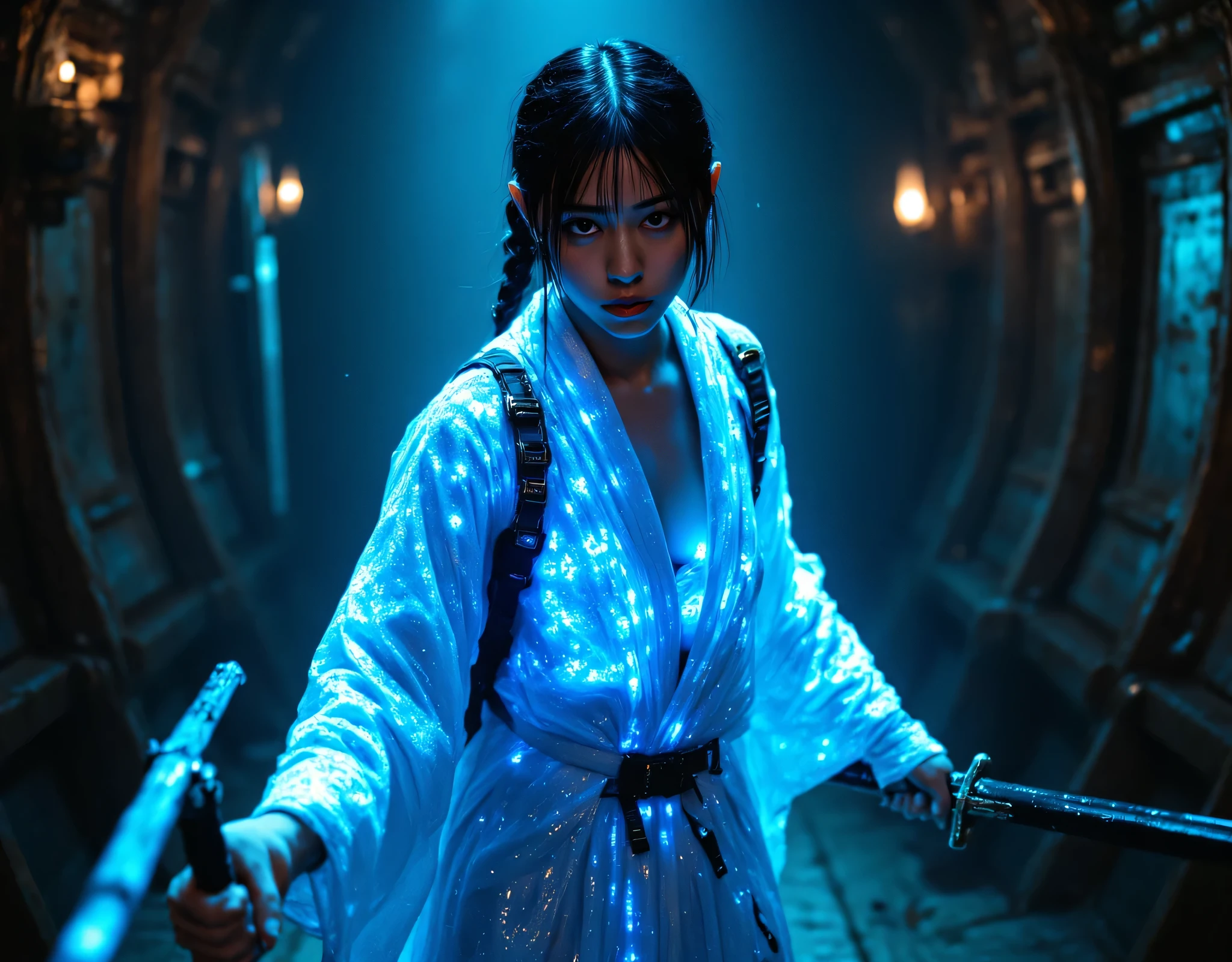 (((The dark interior of the Nostromo ship :2.0))),((( HR Gigger Style Cyberpunk Atmosphere :2.0))),(((Fight with a cyberpunk-style Japanese sword:2.0))), Combat posture,((full body:2.0)),one woman,Female Samurai ,( cute face:1.5),(Beautiful well-balanced face ),((Long braids with bangs:2.0)),( black hair:1.5),(beautiful eyes:1.3),( Blue Glowing Eyes :1.5),glamorous shot of a 20-year-old Japanese woman, Slender Beautiful Body ,((model body type:2.0)),(( slim body with hot water:1.7)),perfect body line,Ideal Proportions,((big breasts:2.0)),((F cup chest wearing:1.5)),Big Breasts,Bare thighs,sensual thighs seen from below the crowd,delicate body,( Muscular:1.7),A harmonious posture,((Realistic breast depiction :1.7)),carefully depicts limbs based on perfect anatomy,((A translucent glass leotard that shines blue in the style of futuristic samurai armor:1.5)),Filled with multicolored LEDs,((Super Hi-leg leotard made of camy-like transparent glass that fits the body:1.5)),(((blue translucent military coat in the style of a samurai armor with open front over a leotard:2.0))),(((translucent blue military coat style kimono with steel armour on the armor:2.0))),(Steel armour on the shoulders :1.5),((Coat style kimono with iron decoration:2.0)),(ear monitor:1.5),((Tactical Holster:1.5)),(gloves:1.3),concept art,(Highest quality:1.5),(masterpiece:1.5),(超高resolution),resolution,UHD,( delicate depiction), carefully drawn with butterfly wings ,32K,((realistic skin texture:1.5)),((( super realistic :1.5))), eyelashes,highly detailed face,Highly detailed female hand, Sexy appearance ,Very sensual,(Blurry Dim Backgrounds :1.5),professional photo shoot,(movie light:2.0),(( Blade Runner Style Lights :2.0))