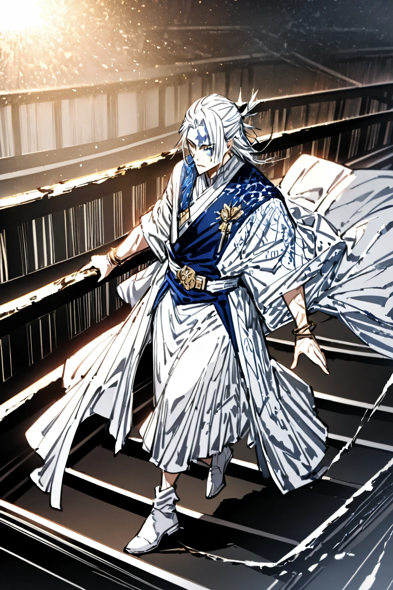 Pure white hair, long up to the middle of his back, but with tufts that float as if it were made of condensed energy.

golden eyes with a deep glow, as if the will of humanity.

Blue-white aura that envelops it, but it's not just energy; is his very existence made visible, demonstrating that it is not a simple spirit.

His skin seems almost incorruptible, free of scars or marks, as if it represented its best version, the perfect Renji that could never be in life.



---

Clothing — "The Last Agent"

(An outfit worthy of the greatest warrior of the AEP.)

A long white tunic with edges in electric blue, marking its supreme status. The fabric doesn't look normal: seems to flow like a river of energy, as if it were fact of pure existence.

A blue ceremonial haori with silver symbols that represent each generation of the AEP.

A white fabric belt with a gold emblem in the center, that is only granted to those who have worn The AEP at its highest point.

Lightweight metal bracelets on the forearms, engraved with ancient inscriptions, still burns in them representing their absolute control over all energies.

White boots with patterns in blue, leaving traces of light at every step, as if every step reaffirms its existence.

