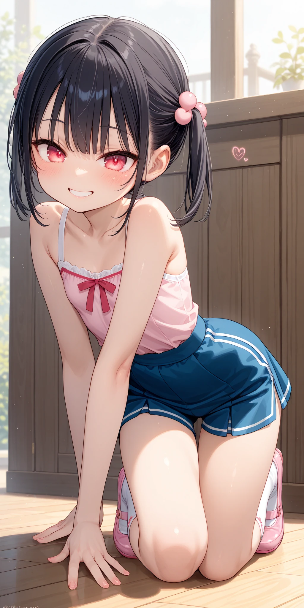 masterpiece, best quality, absurdres, 
1girl, ,, blush, ,,camisole,, miniskirt,''(panties),standing,socks,looking viewer,,spoken heart,,(petite),flat chest,,outdoor,grin,nsfw,socks,open mouth,tongue,from below