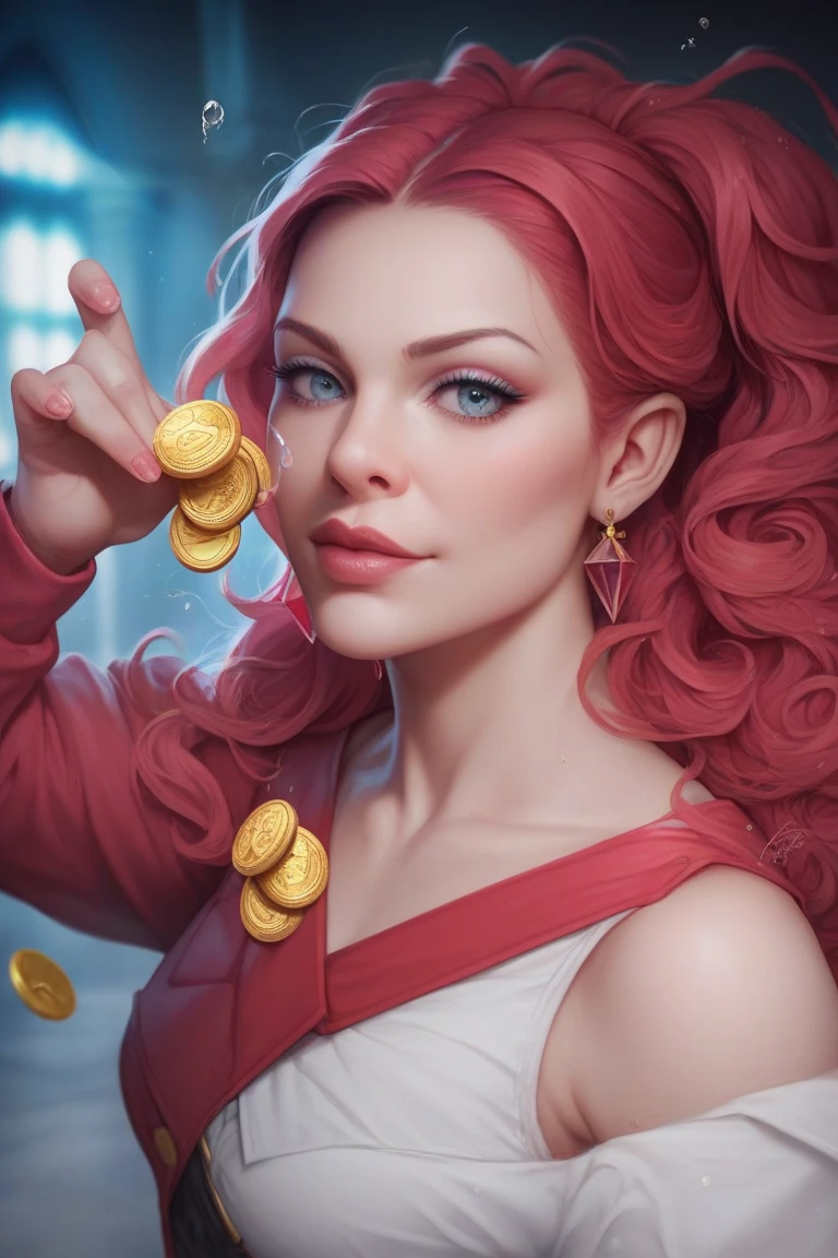 (1 girl, solo, (floating in the sky, sexy posing)), (girl is wearing a golden bikini, (redhead long hair):1.1, (olive eyes, face) ), (background bills and coins, money falling), (realistic)