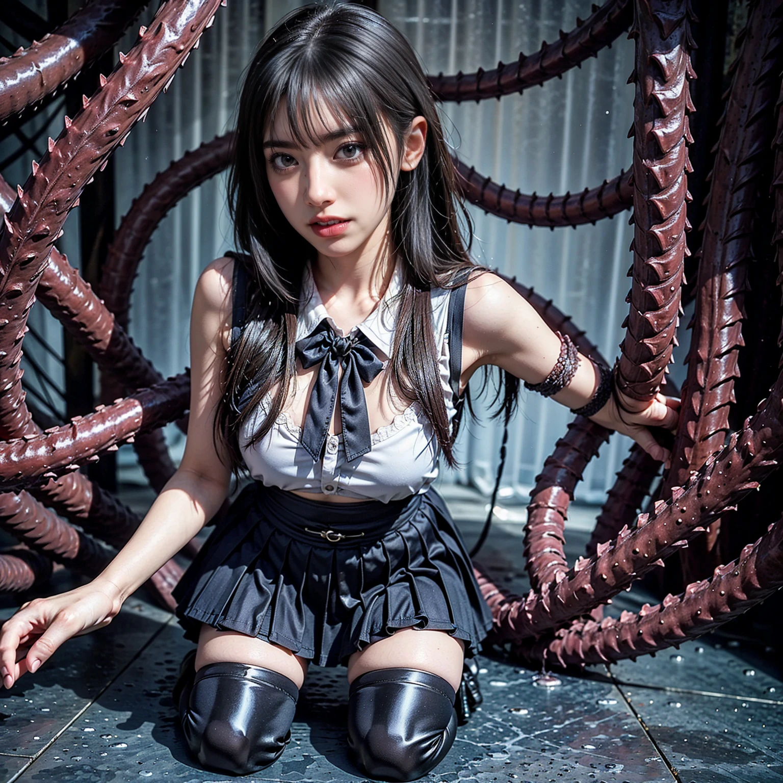 ((masterpiece)、(top-quality)、(reallistic))、(shackle:1.4)、(Slave girl chained on dark background shines bright and beautiful:1.4)、age19、1girl in:1.4, Ultra Ultra Bikini、Open leg posture、Bikini made of thin material with clearly visible breasts and pubic area、Glossy black latex、Alphonse Mucha:1.4、Crisp focus:1.5、Beautiful and well-proportioned body、A detailed eye、(Correctly depict arms and legs:1.4)、Raw foto、red-lips、Red high heels、a choker、a necklace、耳Nipple Ring、