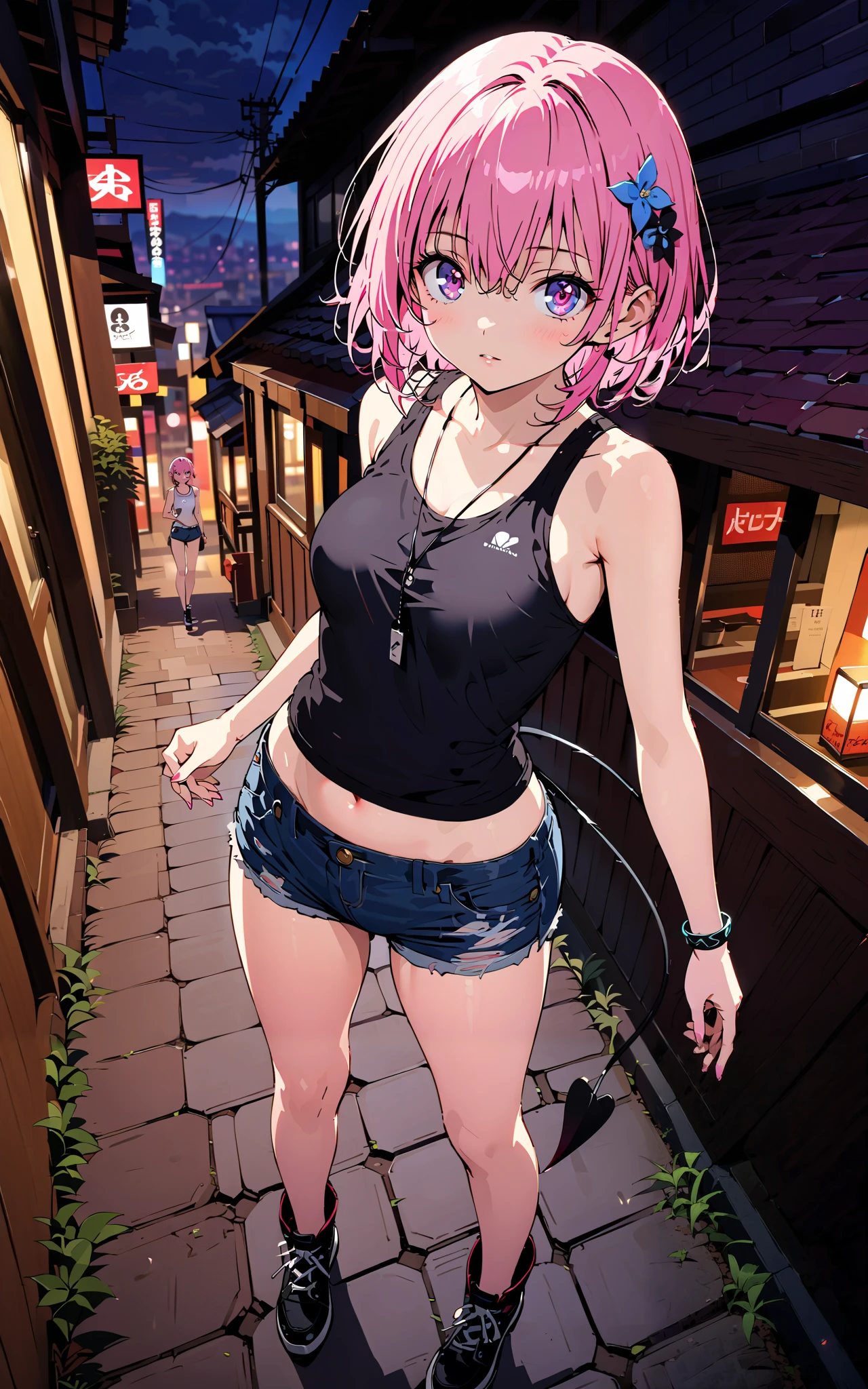 モモデbuildingケ, モモ・デbuildingーク, demon Tail, Hair Flower, hair ornaments close to the garden, purple eyes, pink hair, short hair, Medium breast,胸の谷間,Tail,riders jacket,tank top outside of anime,Underbomb,belly button sticking,Bare legs,denim micro shorts,shoes, Short Boots,standing,building,Nōn,night,full bodyがイラストに入るように,
break outdoors, Metropolis,
break looking at viewer,full body,
break (masterpiece:1.2),Highest quality , kampala, Unity 8K Wallpaper ,(shape:0.8),( fine, beautiful eyes :1.6),It's a person ,full body写真,CG Details , (perfect hands, complete anatomy),