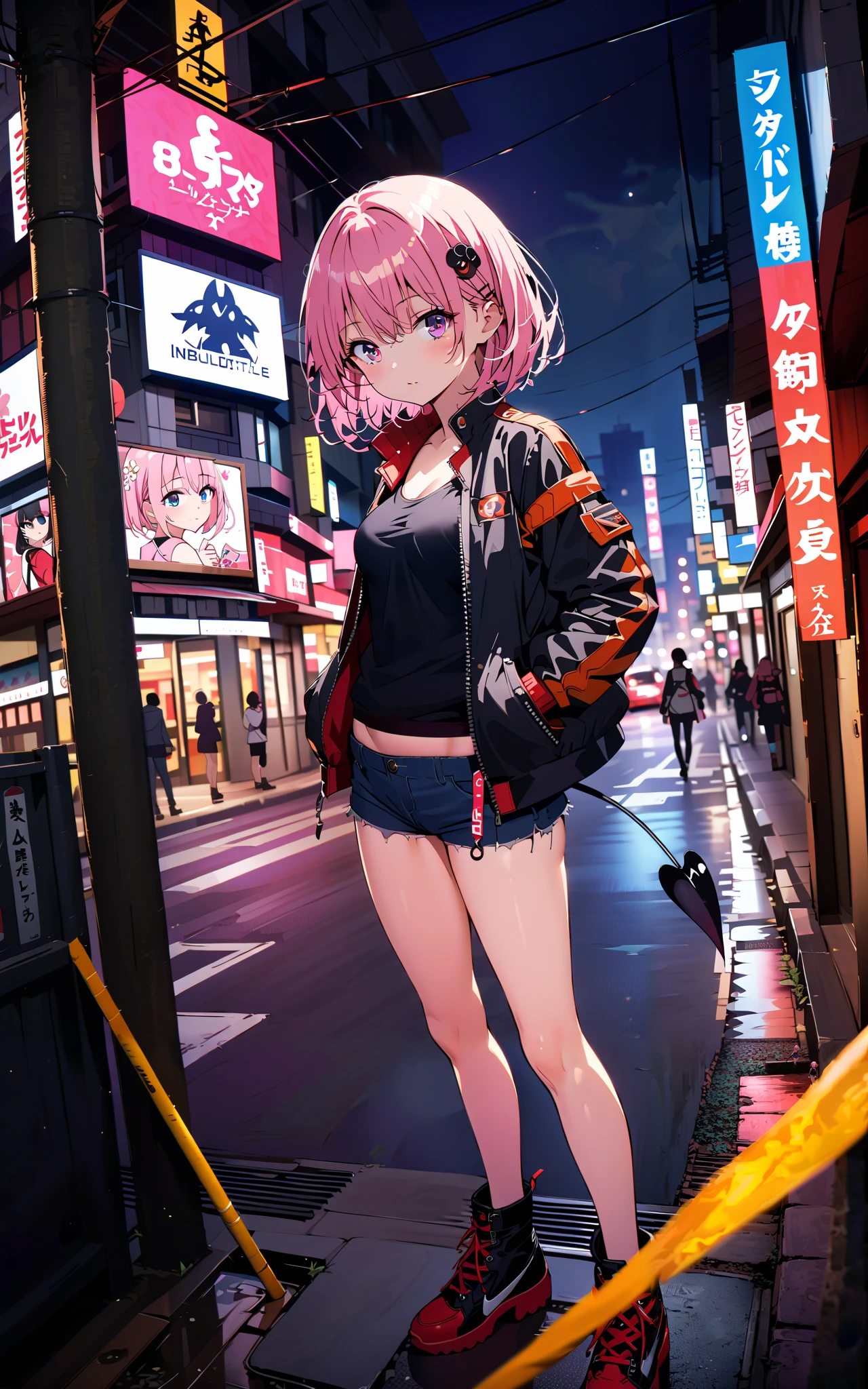 モモデbuildingケ, モモ・デbuildingーク, demon Tail, Hair Flower, hair ornaments close to the garden, purple eyes, pink hair, short hair, Medium breast,胸の谷間,Tail,riders jacket,tank top outside of anime,Underbomb,belly button sticking,Bare legs,denim micro shorts,shoes, Short Boots,standing,building,Nōn,night,full bodyがイラストに入るように,
break outdoors, Metropolis,
break looking at viewer,full body,
break (masterpiece:1.2),Highest quality , kampala, Unity 8K Wallpaper ,(shape:0.8),( fine, beautiful eyes :1.6),It's a person ,full body写真,CG Details , (perfect hands, complete anatomy),