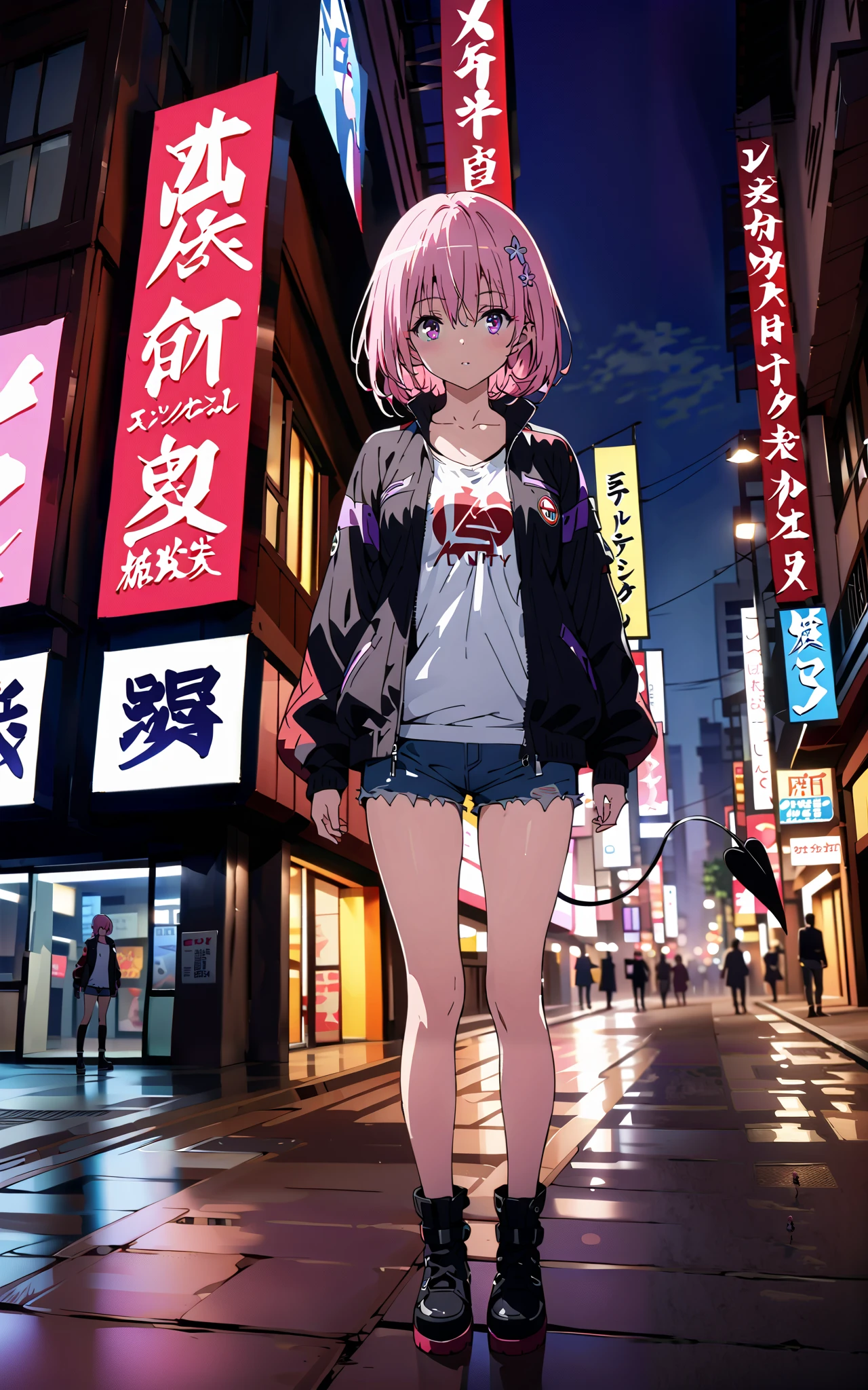 モモデbuildingケ, モモ・デbuildingーク, demon Tail, Hair Flower, hair ornaments close to the garden, purple eyes, pink hair, short hair, Medium breast,胸の谷間,Tail,riders jacket,tank top outside of anime,Underbomb,belly button sticking,Bare legs,denim micro shorts,shoes, Short Boots,standing,building,Nōn,night,full bodyがイラストに入るように,
break outdoors, Metropolis,
break looking at viewer,full body,
break (masterpiece:1.2),Highest quality , kampala, Unity 8K Wallpaper ,(shape:0.8),( fine, beautiful eyes :1.6),It's a person ,full body写真,CG Details , (perfect hands, complete anatomy),