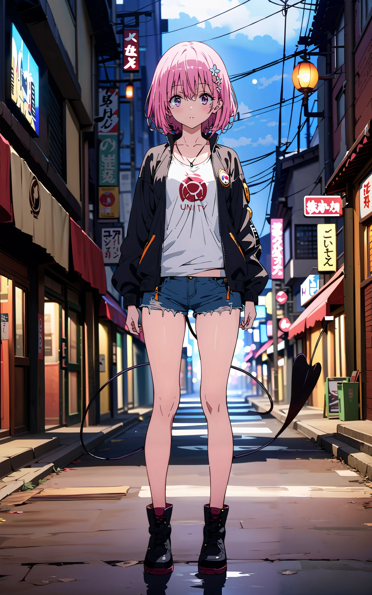 モモデbuildingケ, モモ・デbuildingーク, demon Tail,  Hair Flower, hair ornaments close to the garden, purple eyes, pink hair,  short hair, Medium breast,胸の谷間,Tail,riders jacket,tank top outside of anime,Underbomb,belly button sticking,Bare legs,denim micro shorts,shoes, Short Boots,standing,building,Nōn,night,full bodyがイラストに入るように,
break outdoors, Metropolis,
break looking at viewer,full body,
break (masterpiece:1.2),Highest quality , kampala, Unity 8K Wallpaper ,(shape:0.8),(  fine, beautiful eyes  :1.6),It's a person ,full body写真,CG Details , (perfect hands, complete anatomy),