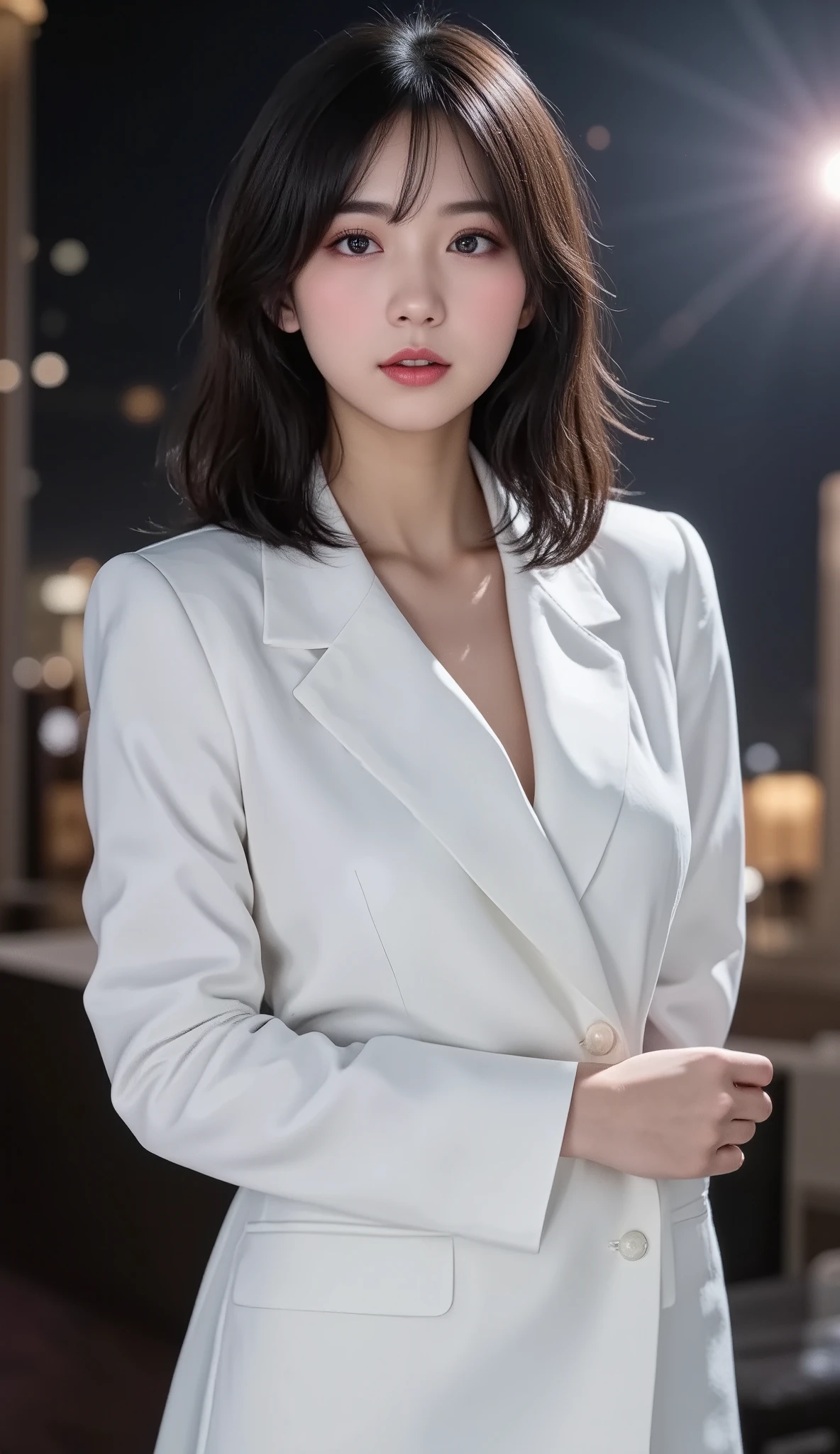 8k,super high definition , Highest quality,  masterpiece,rule of thirds,golden ratio,surreal, photos, one woman,(  girls on the left:1.3),cute,cute顔, Beautiful Eyes in Every Detail , 細かくexhaustive,mature woman,princess,cowboy shot,smile, black hair, long bob,ID photo, luxurious and beautiful ,(A  Famous Japanese Idol Girl), ((Office uniform with white shirt, blazer and pencil skirt)),(((Clean clothing))),(((She Has an Ecstatic Expression))), very delicate expression ,  delicate eye description,,  Healthy Body , (( 1 female)), Height: 160cm ,( thin waist:1.4)、( Beautiful :1.4), pink lips,profile in landscape orientation from,(((  ideal figure))),Small bust, A cup :2,、 portraits:2、 perfect anatomy 、鮮明な exhaustive、 exhaustive, thin lips,Perfect and beautiful face  ,完璧でcute顔,  meticulous skin  , perfect limb、 thin waist, surreal,Light and Dark,  Fashion Magazine Cover ,glowing