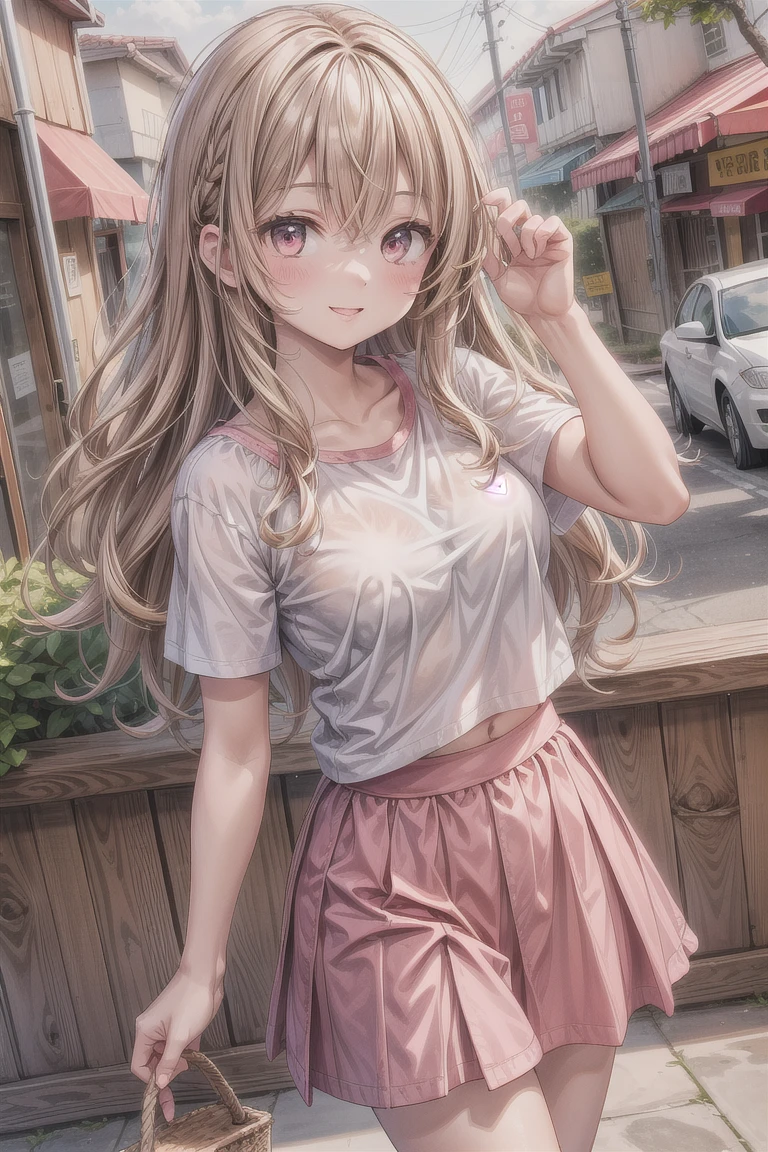 ((masterpiece,Highest quality;1.3,best illustration)),cowboy shot,1woman、30 year old beauty、独奏,((very small head:1.5)),brown hair,long hair,bangs,brown eyes,gorgeous eyes,blush,small breasts,((very long body:1.3)),((toned body,slender body,skinny)),gleaming skin,shiny skin,oily skin,sweat,(White tight T-shirt、Tight mini skirt)、on street,Tokyo,