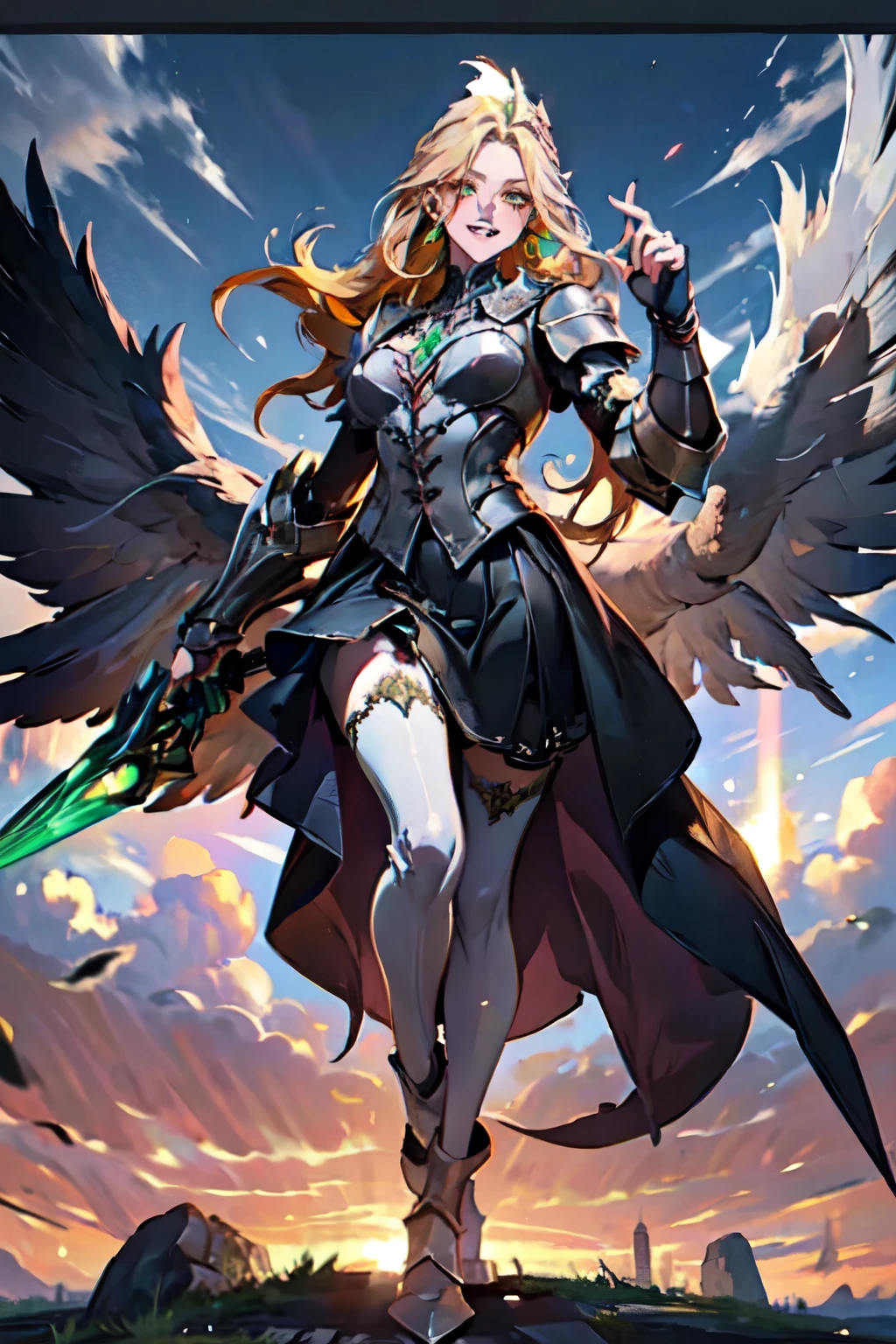 (masterpiece, best quality:1.2), 1girl, solo , emel , black wings , very long hair , green eyes , blonde hair , green crystal on chest , black armor , , earrings , , , outdoors background , , fangs , , black feathers , , , yellow hair , laughing , open mouth , taunting , , smirk , grin , , taunting , chain ,  , from below , hand pose , pointing , messy hair , thigh , , sky , clouds , blue sky , full body , skirt , full  body , dress , holding staff , 