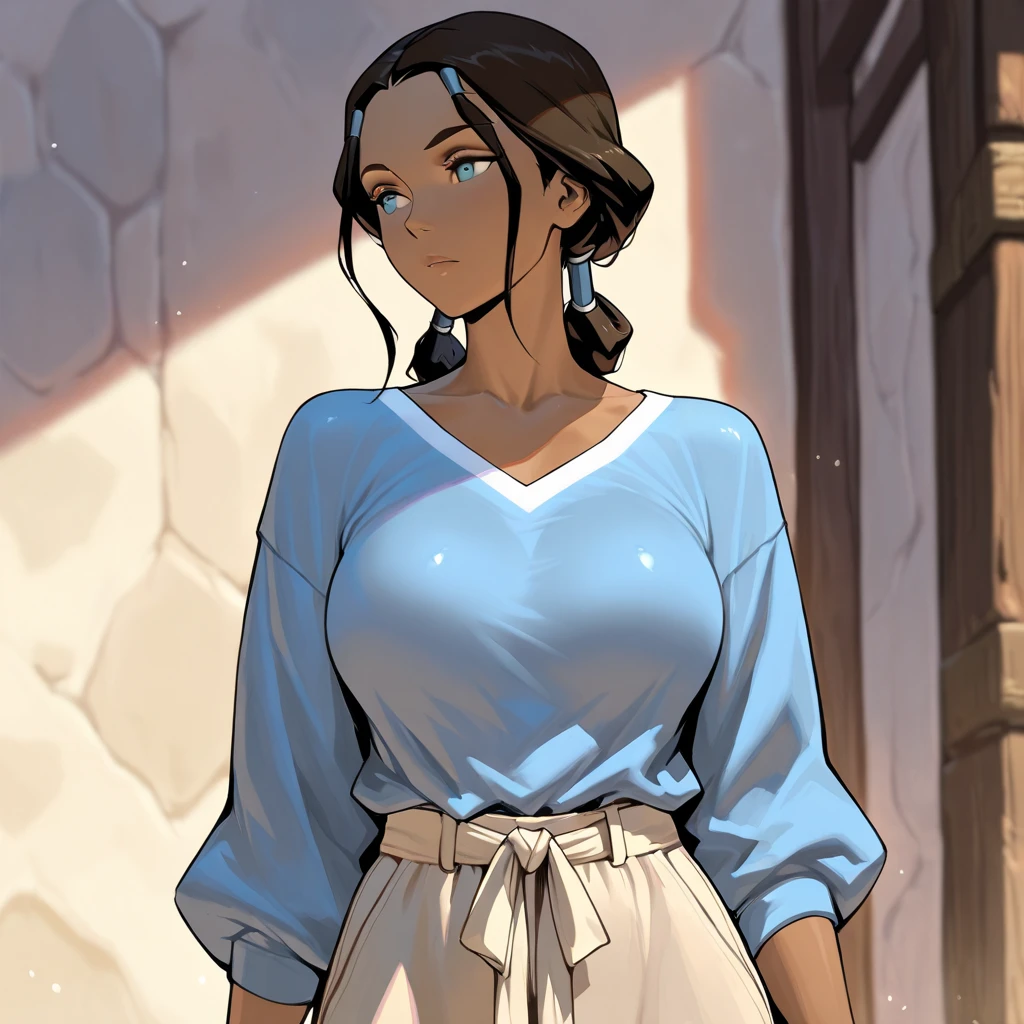 best quality,1girl,solo,(dark skin:1.2),black hair,curly hair,(shaggy cut),(pink headband),pale blue outfit,((farmer)),fantasy outfit,stocky jaw,perfect eyes,revealing neckline,collarbone,smile,hyper huge breasts, wide hips, thick thighs, tall girl, burly girl, brawny, fat girl,thick lips,standing against the wall,(simple background),gray background,