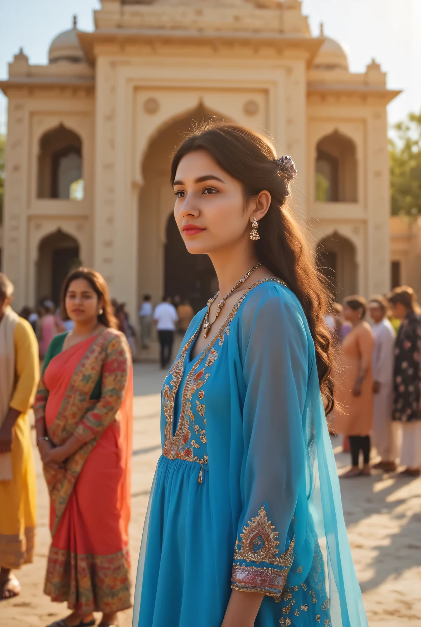 24 year girl in Indian village not modern village rural vibe wearing blue gujrati dress in hawa mahal jaipur in front of local people 