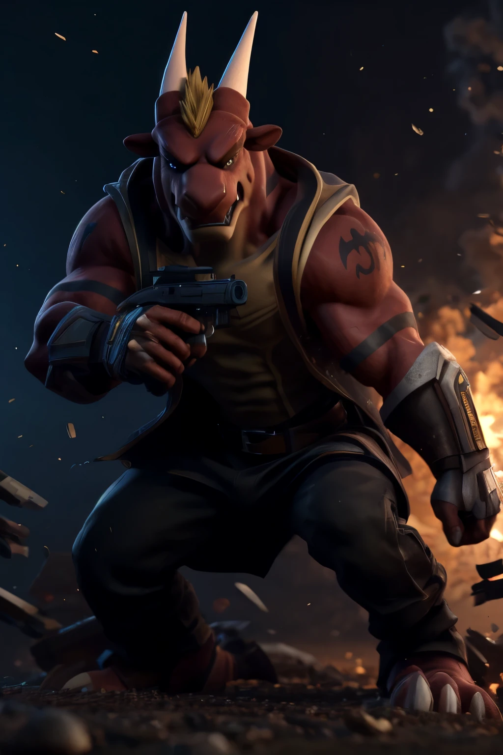 dof, blured background, delga, full-length portrait, angry, on rampage, holding a gun, shooting his gun, cinematic