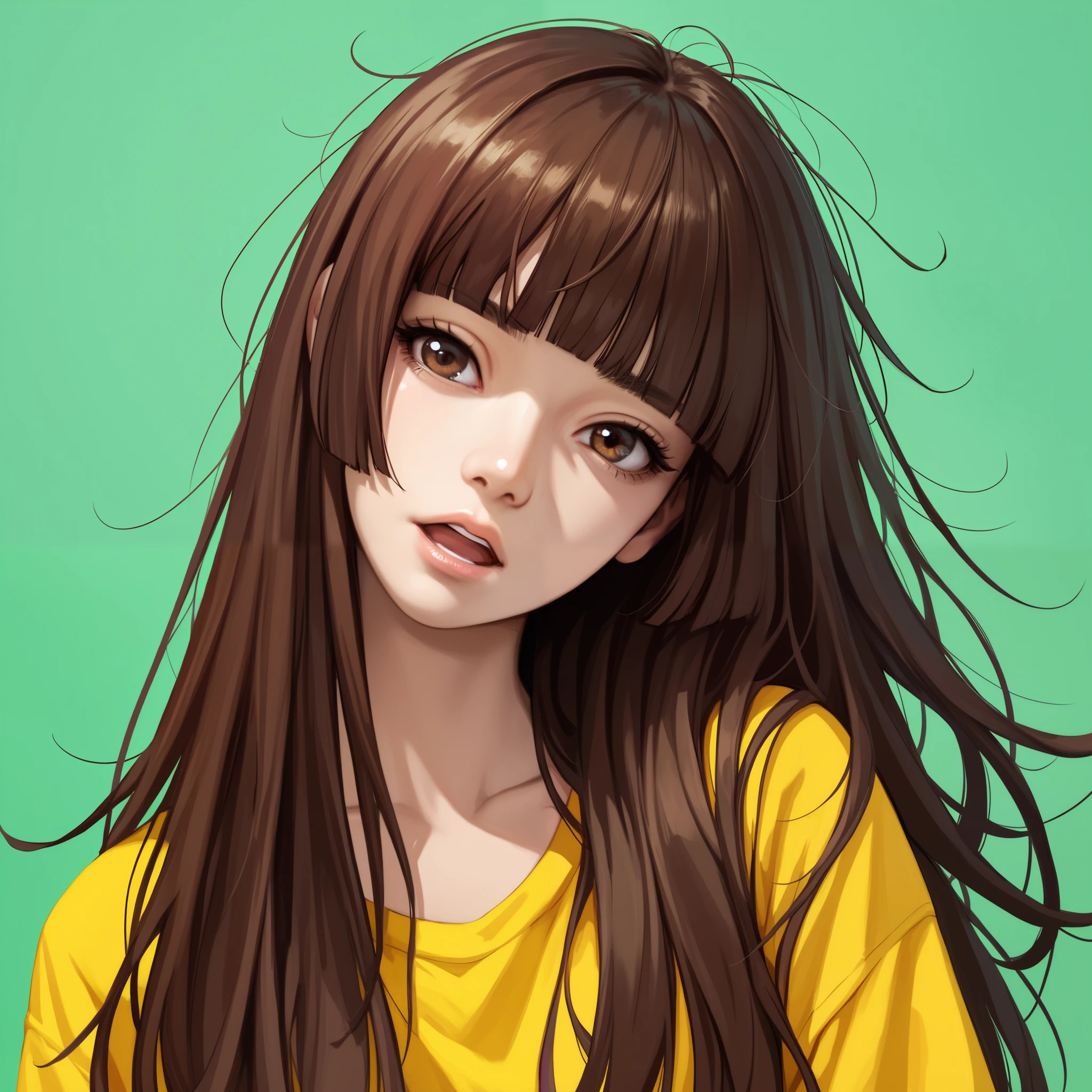 score_9, score_8_up, score_7_up, source_anime, 1girl, solo, brown eyes, messy hair, stinky, head tilt, curious, open mouth, brown hair, long hair, hime cut, hmcut, small breasts, cute, vibrant colors