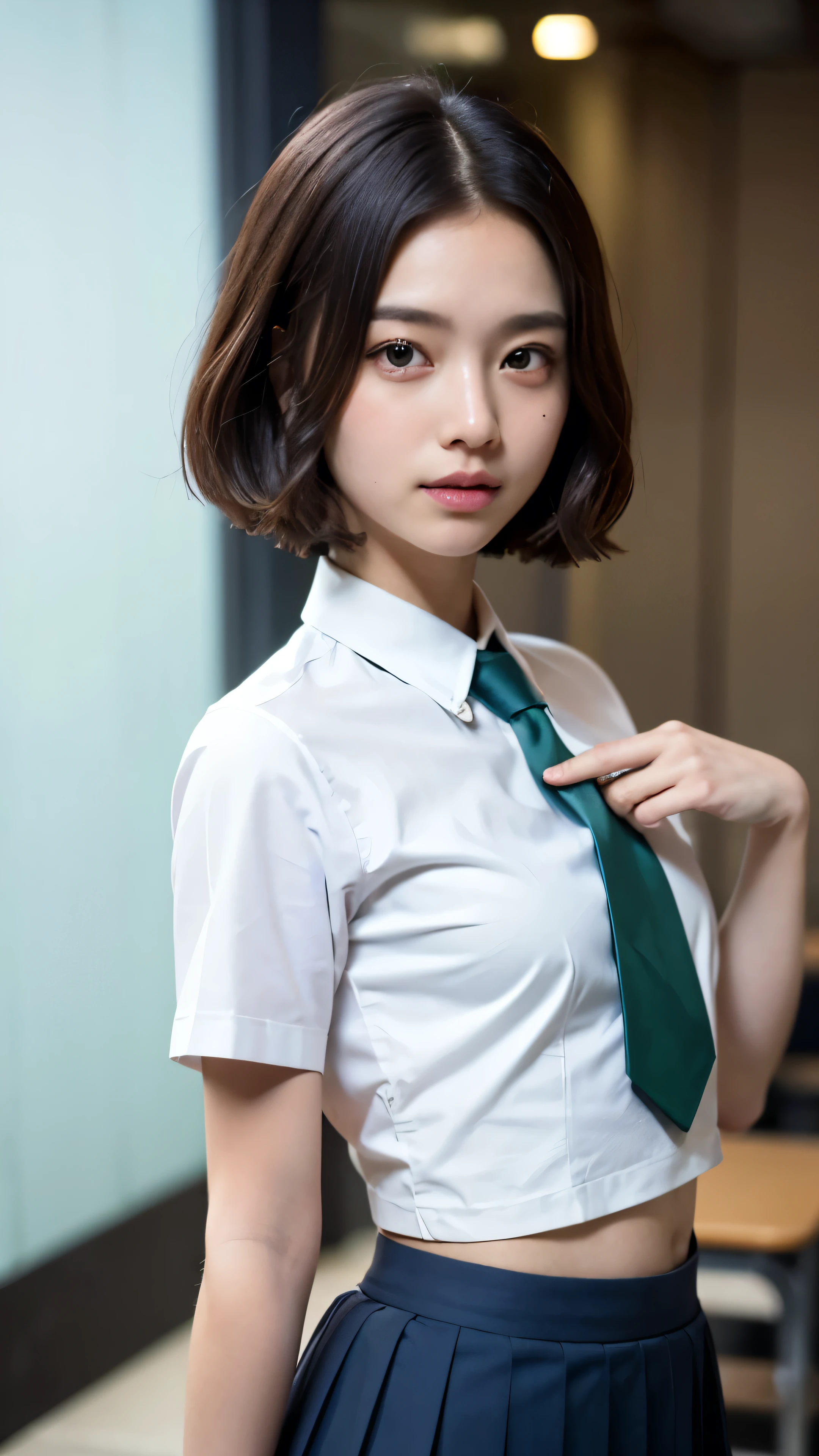 (masterpiece, Best Quality:1.2), 8k, 18 years old, 85 mm, Official Art, RAW Photos, Absurd, white dress shirt, cute face , close, upper body, Violet, Gardenias, beautiful girl, school uniform, ( navy pleated skirt:1.1), Cinch West, thighs thighs thighs , Short sleeve, Classroom, Sculpture Pose, , no makeup in the coal mine,smile, film grain, chromatic aberration, sharp concentration, Face Light, bright lights in front of the temple, , detail face , Bokeh Background, (Green tie:1.1)、Medium Chest 、Thin face、 short bob cut 、 cute、