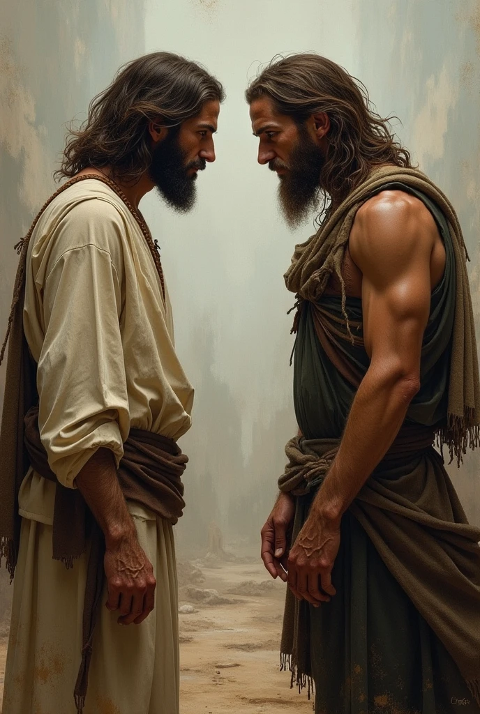 Jesus placing his hands over the eyes of an indigenous man with long straight hair, the indigenous person is dressed in straw and leaves, without upper clothing, around them there is a village with a lot of people, comic book style, the scene has vibrant and very striking colors. 