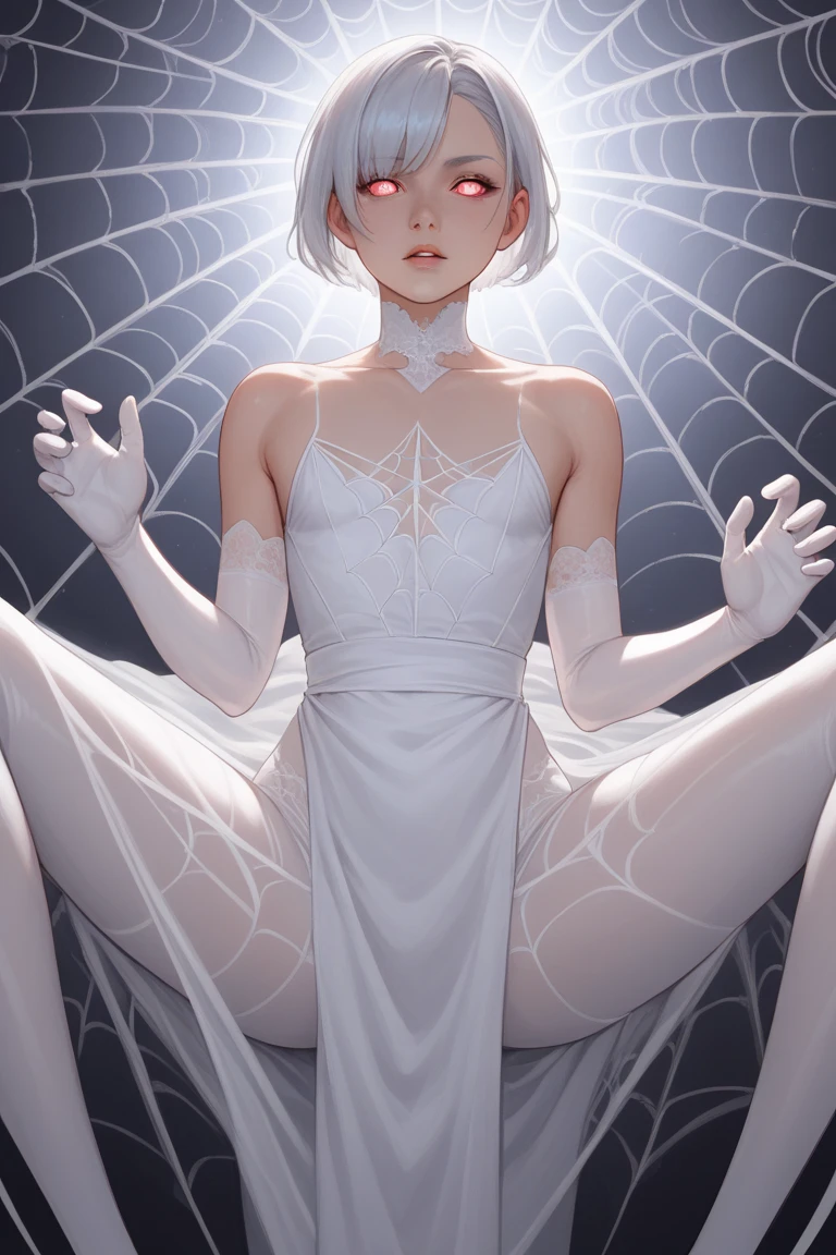 a very sexy woman entangled and captivated in the spider's web, She's stretched in the web and she's tryin to break free